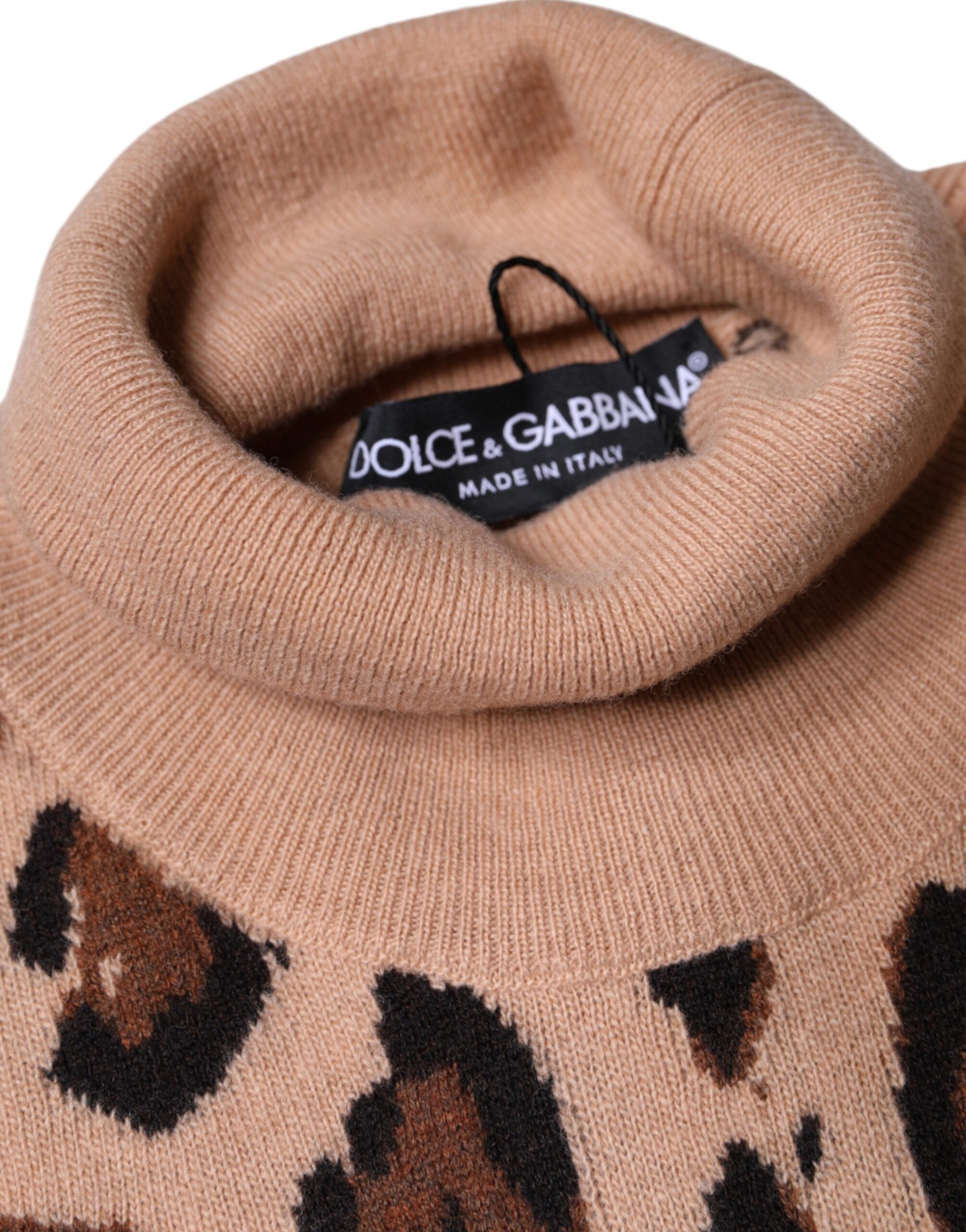 Dolce & Gabbana beige wool turtleneck sweater with leopard print-6