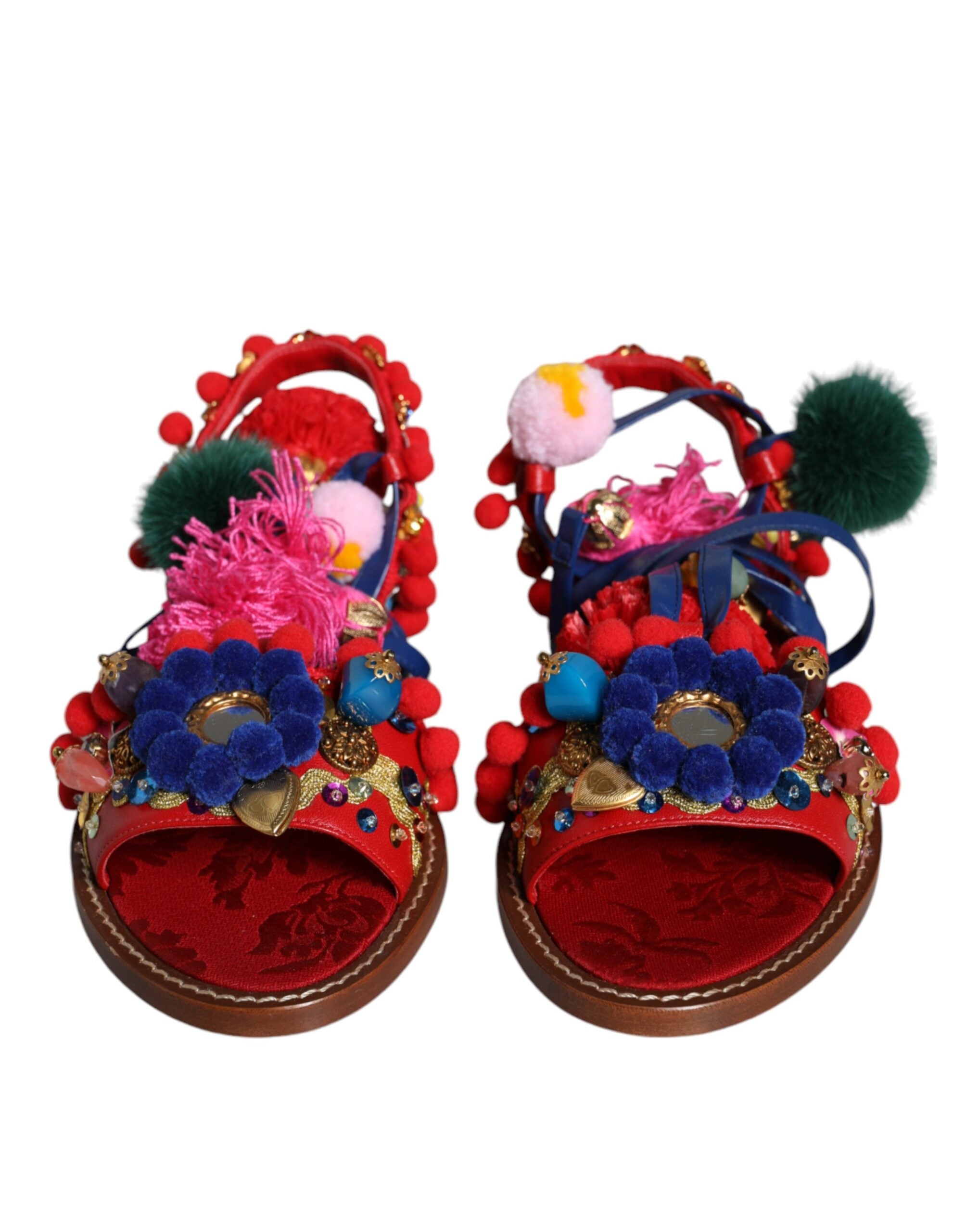 Dolce & Gabbana Multicolor Pom Pom Fur Wrap Sandals Shoes-2