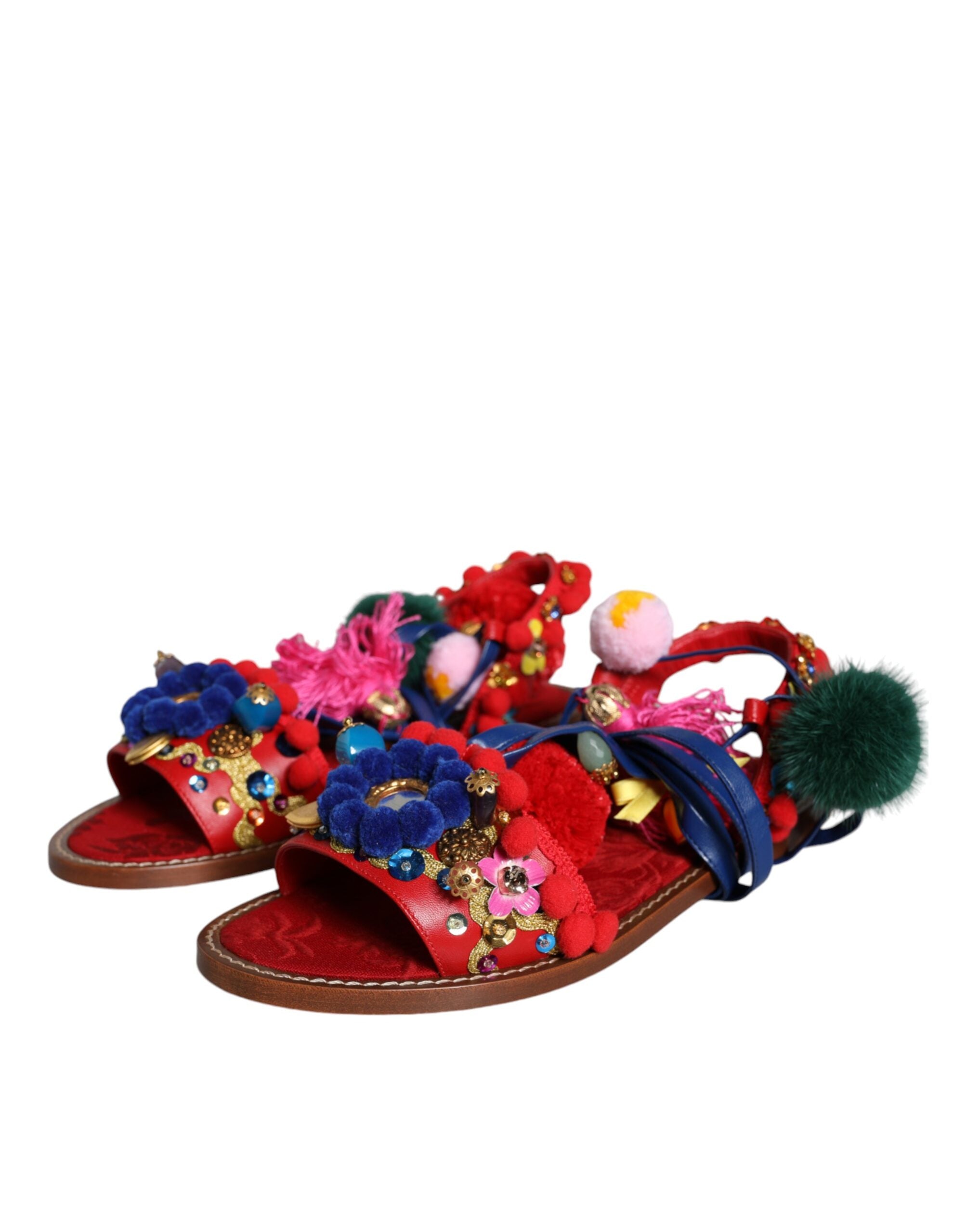 Dolce & Gabbana Multicolor Pom Pom Fur Wrap Sandals Shoes-3