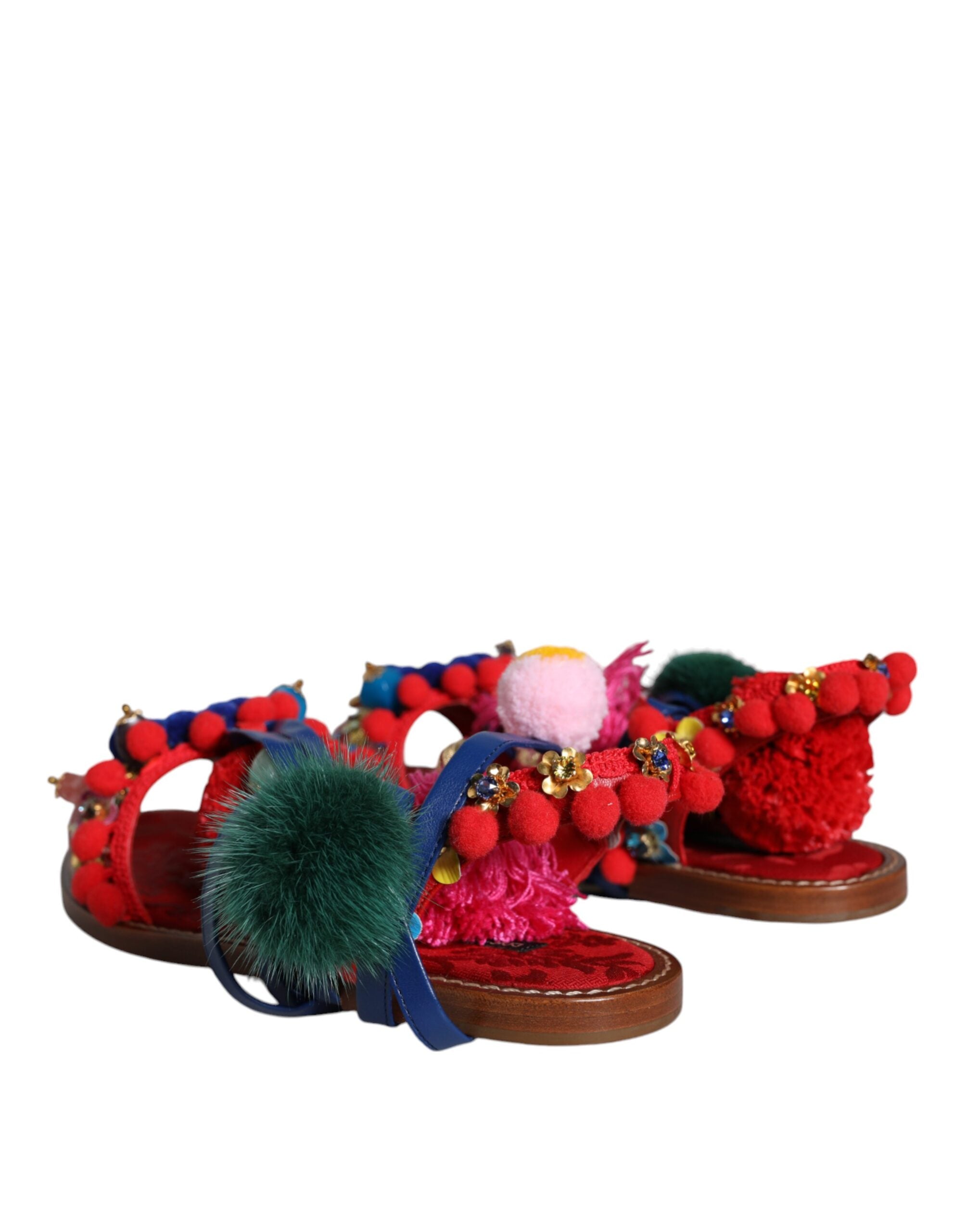 Dolce & Gabbana Multicolor Pom Pom Fur Wrap Sandals Shoes-4