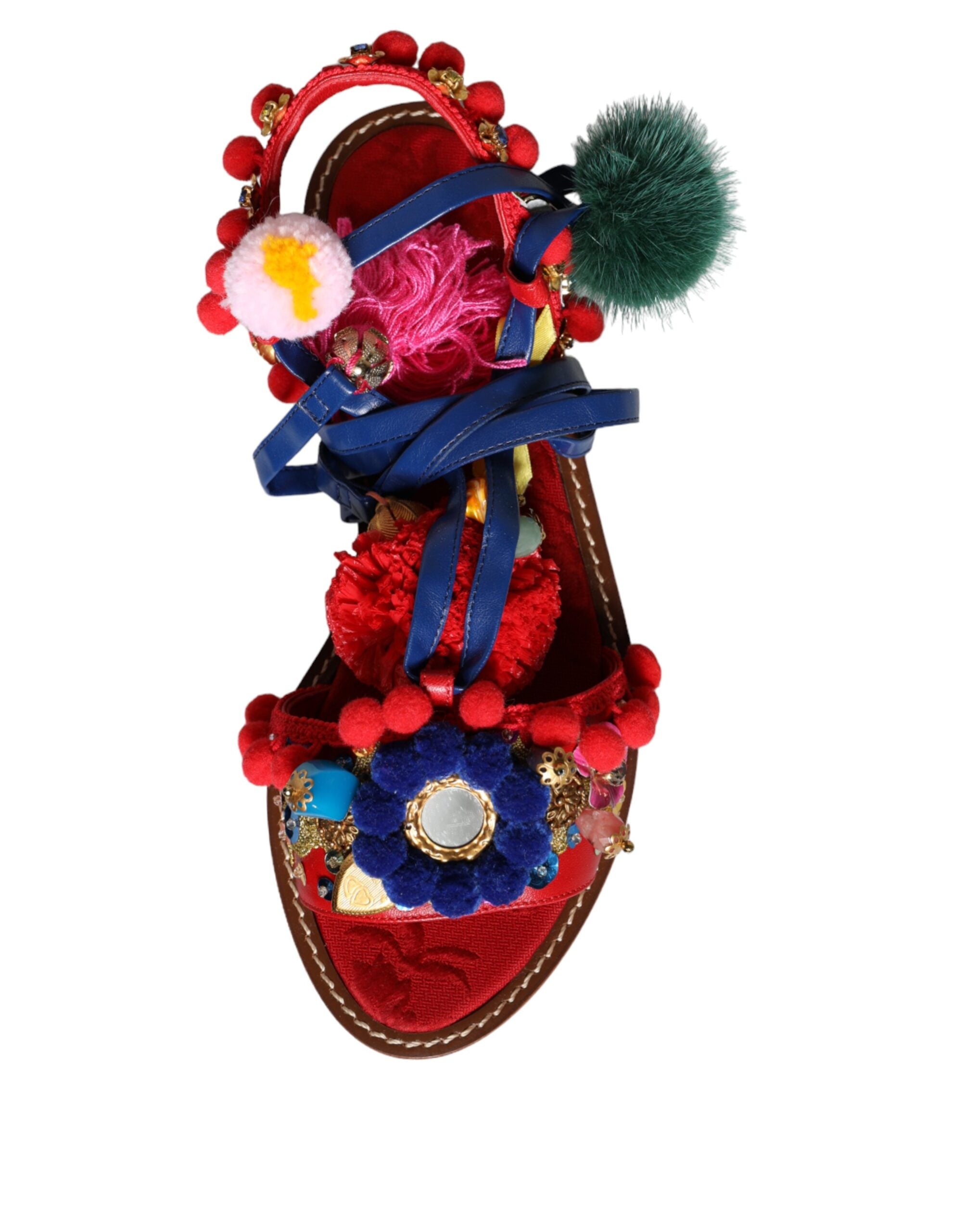 Dolce & Gabbana Multicolor Pom Pom Fur Wrap Sandals Shoes-5