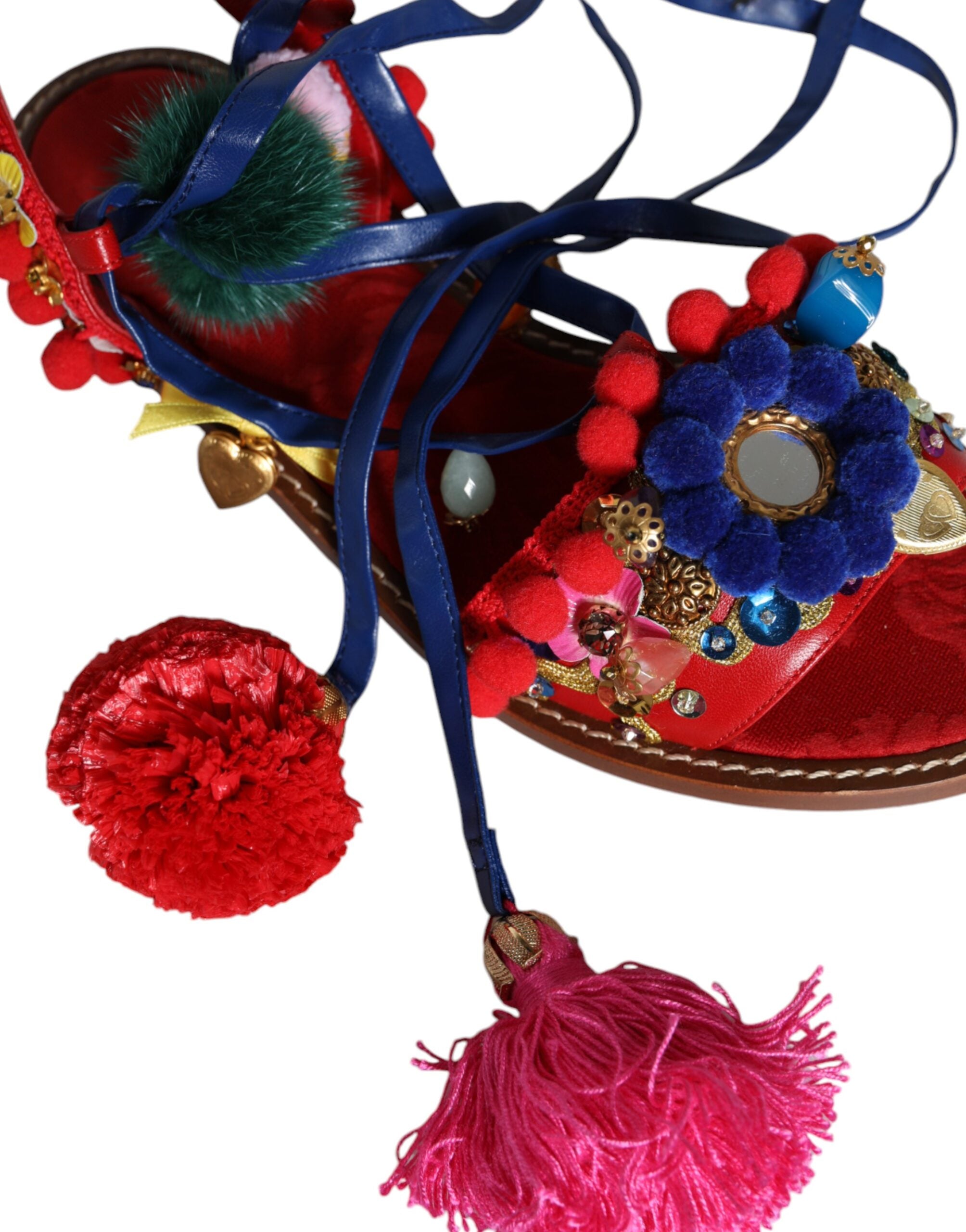 Dolce & Gabbana Multicolor Pom Pom Fur Wrap Sandals Shoes-6