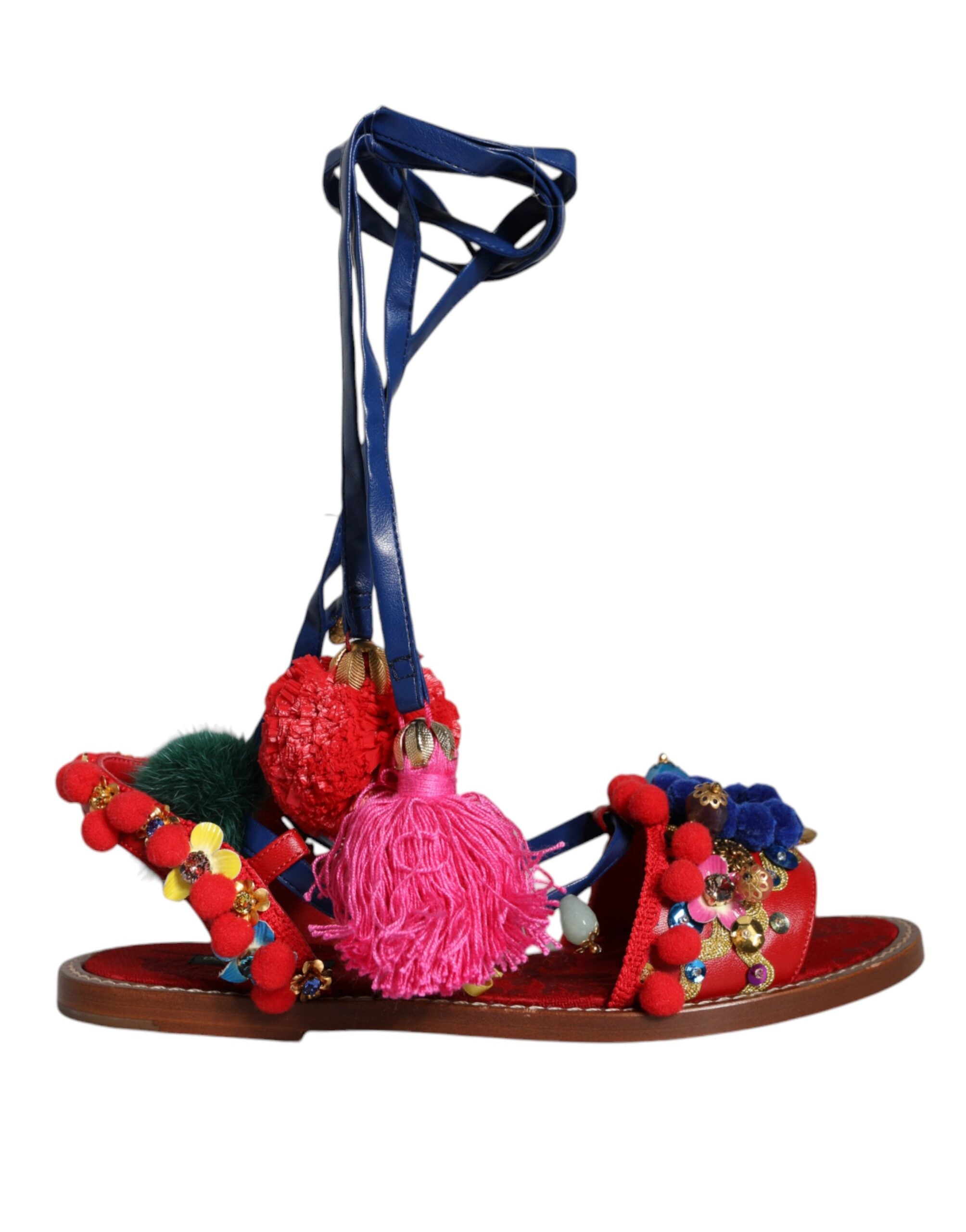 Dolce & Gabbana Multicolor Pom Pom Fur Wrap Sandals Shoes-1