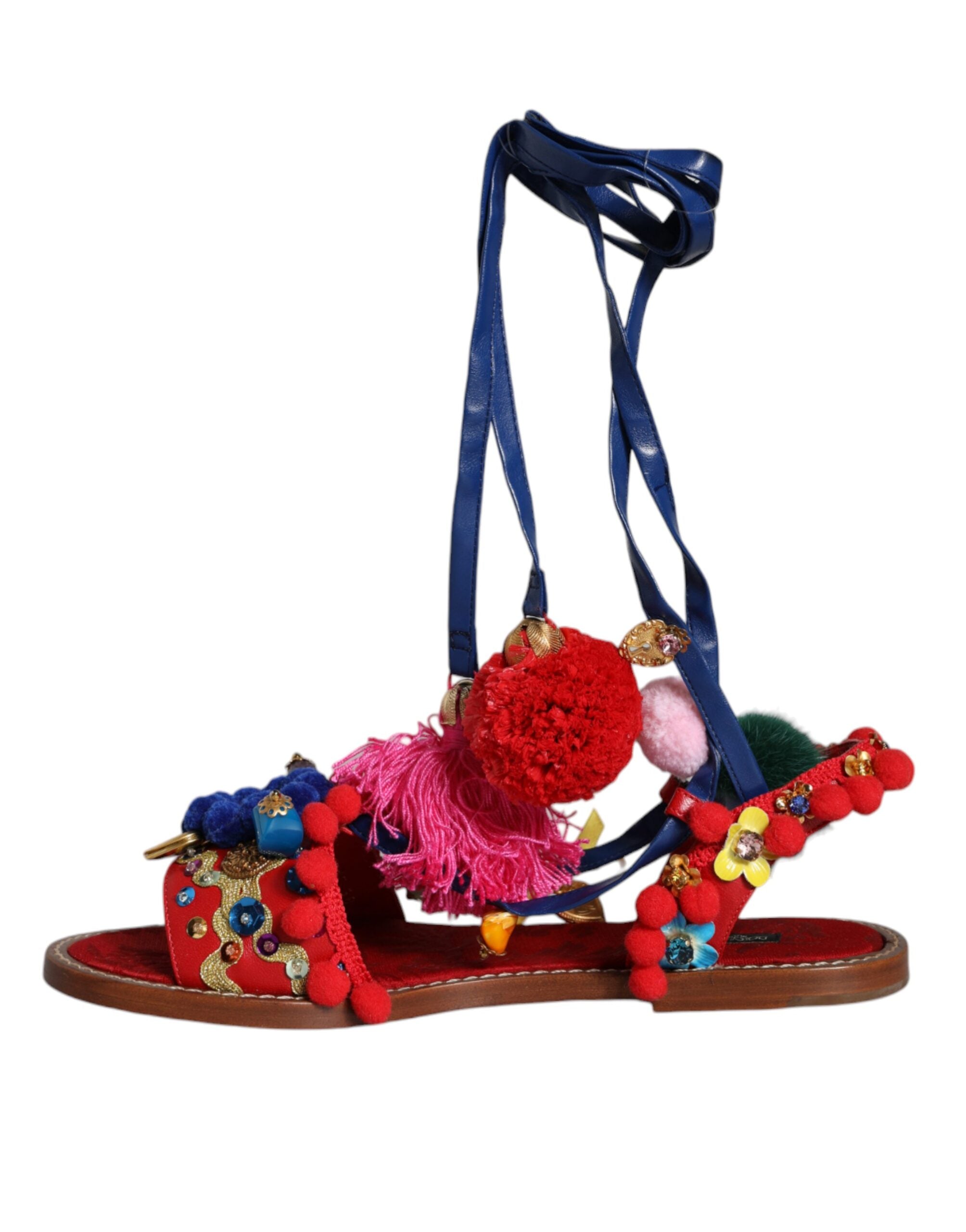 Dolce & Gabbana Multicolor Pom Pom Fur Wrap Sandals Shoes-8