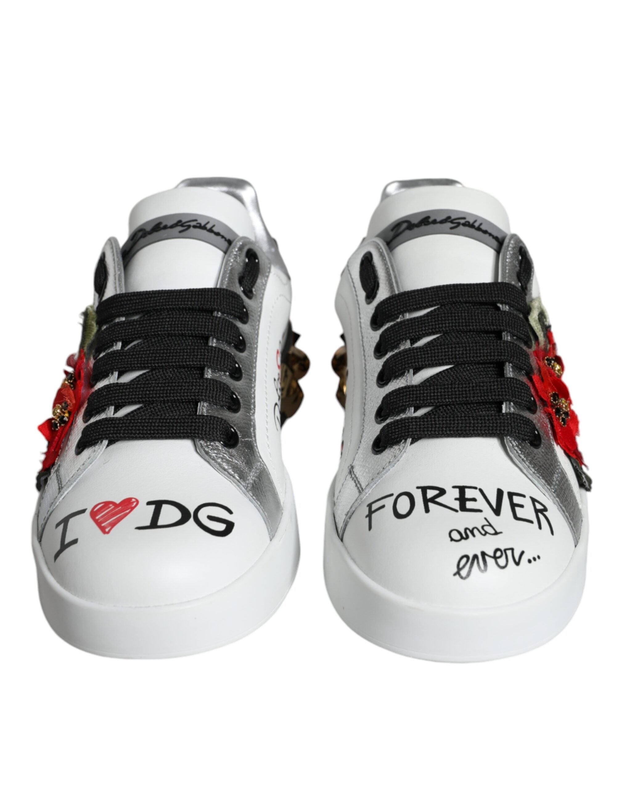 Dolce & Gabbana White Leather Floral Studded Sneakers Shoes-2