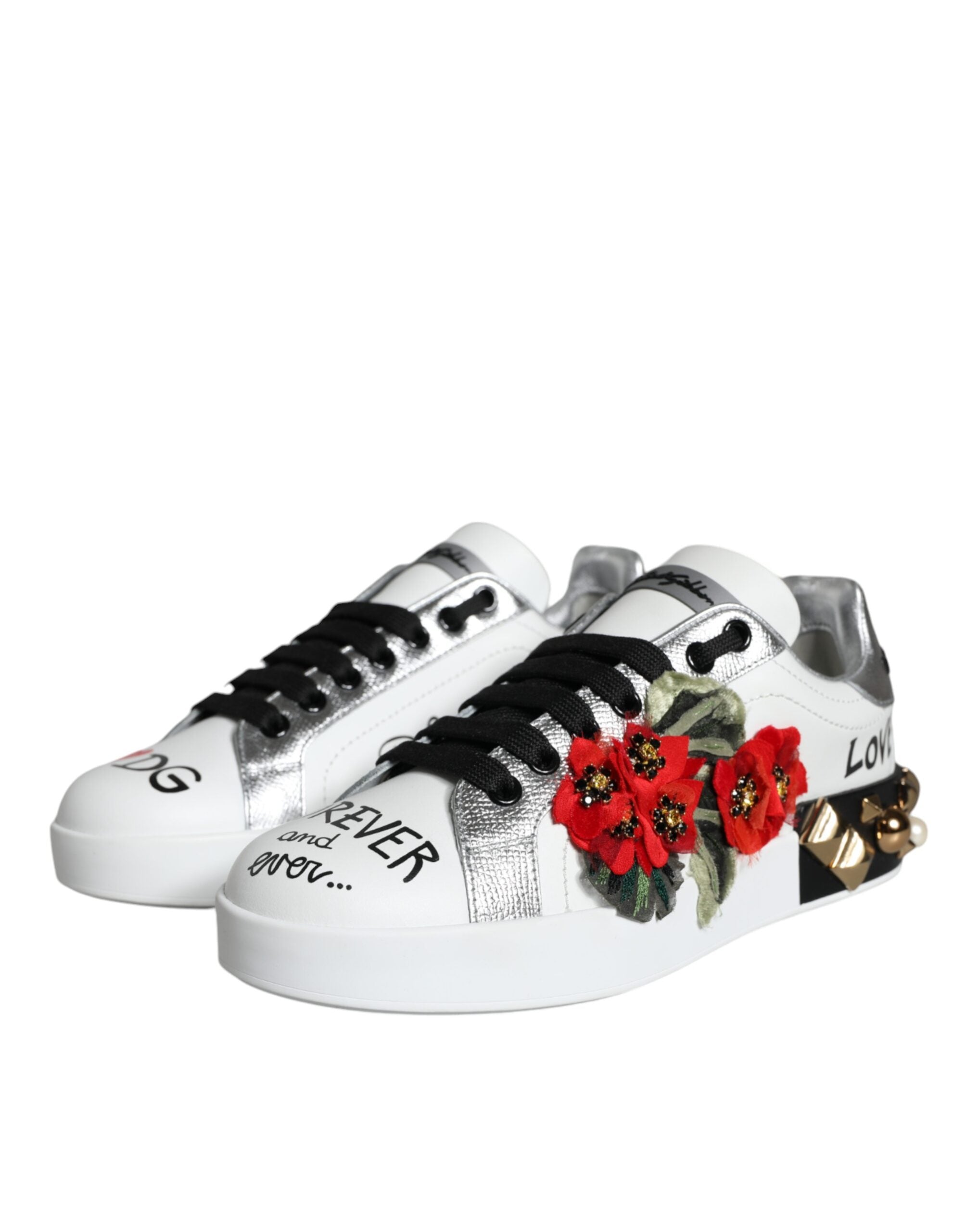 Dolce & Gabbana White Leather Floral Studded Sneakers Shoes-3