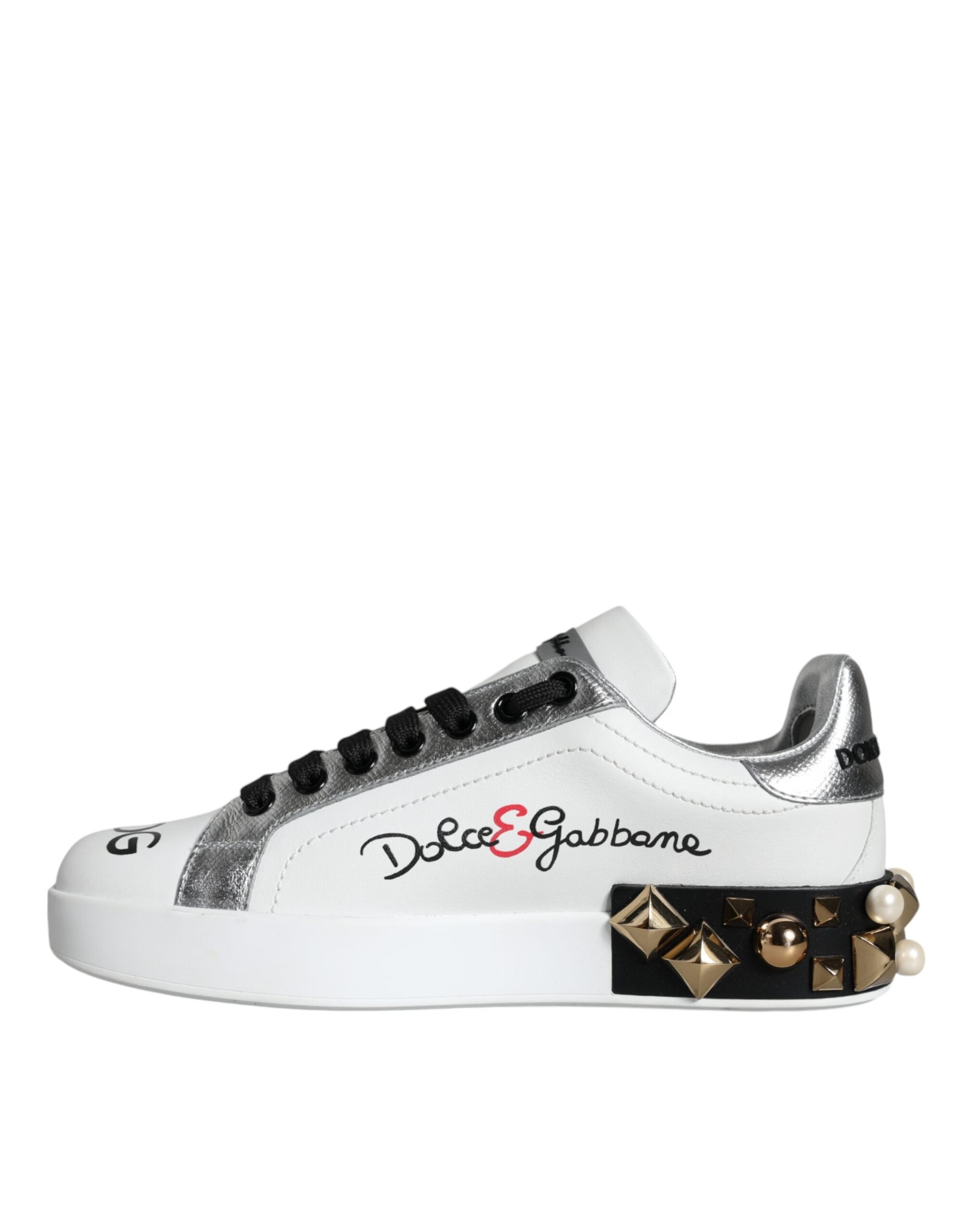 Dolce & Gabbana White Leather Floral Studded Sneakers Shoes-4