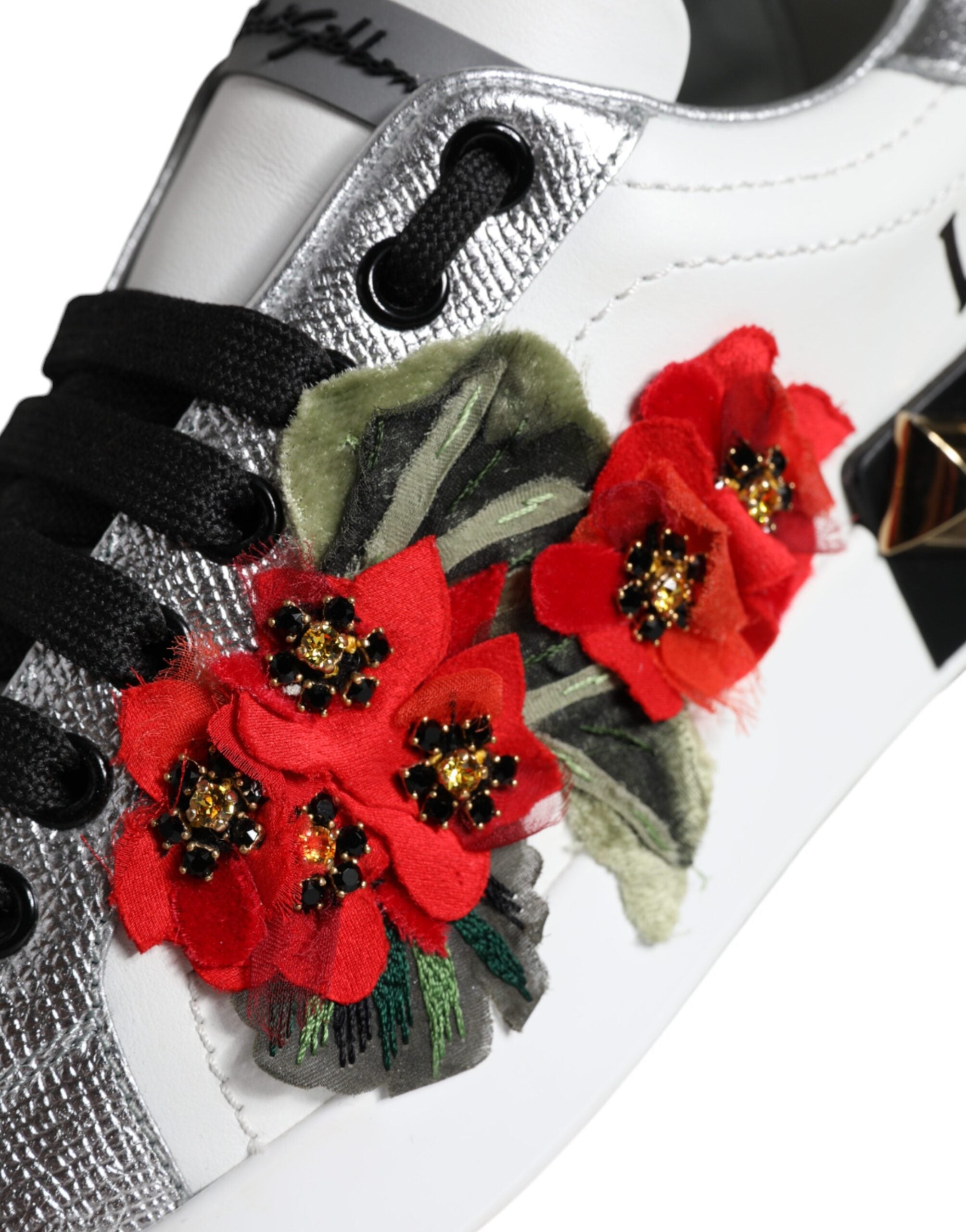 Dolce & Gabbana White Leather Floral Studded Sneakers Shoes-5