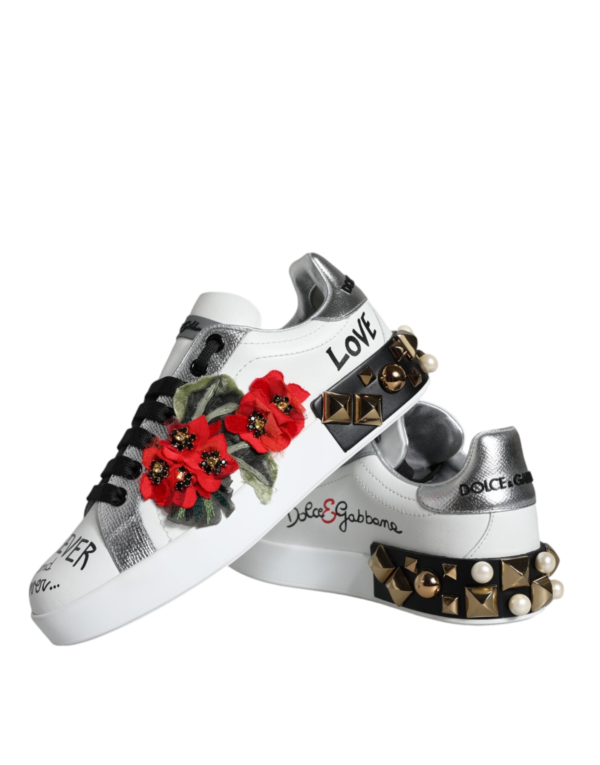 Dolce & Gabbana White Leather Floral Studded Sneakers Shoes-6