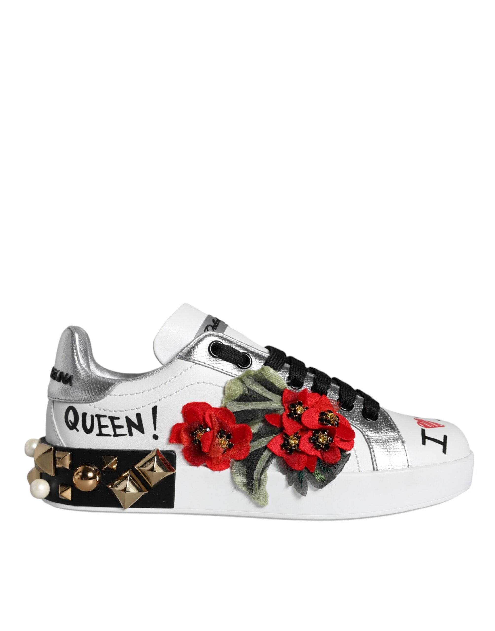 Dolce & Gabbana White Leather Floral Studded Sneakers Shoes-1