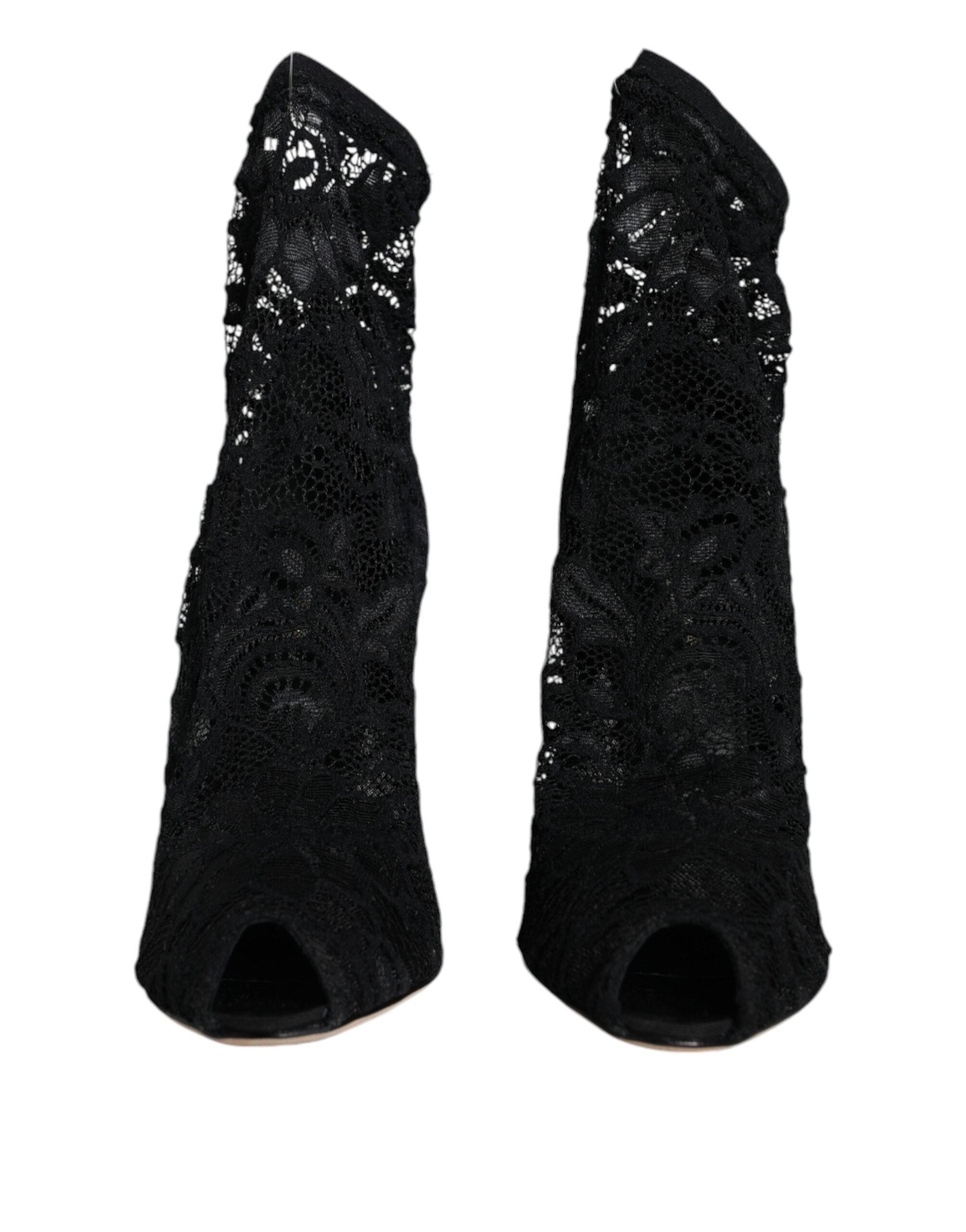 Dolce & Gabbana Black Lace Stretch Heels Mid Calf Boots Shoes-2
