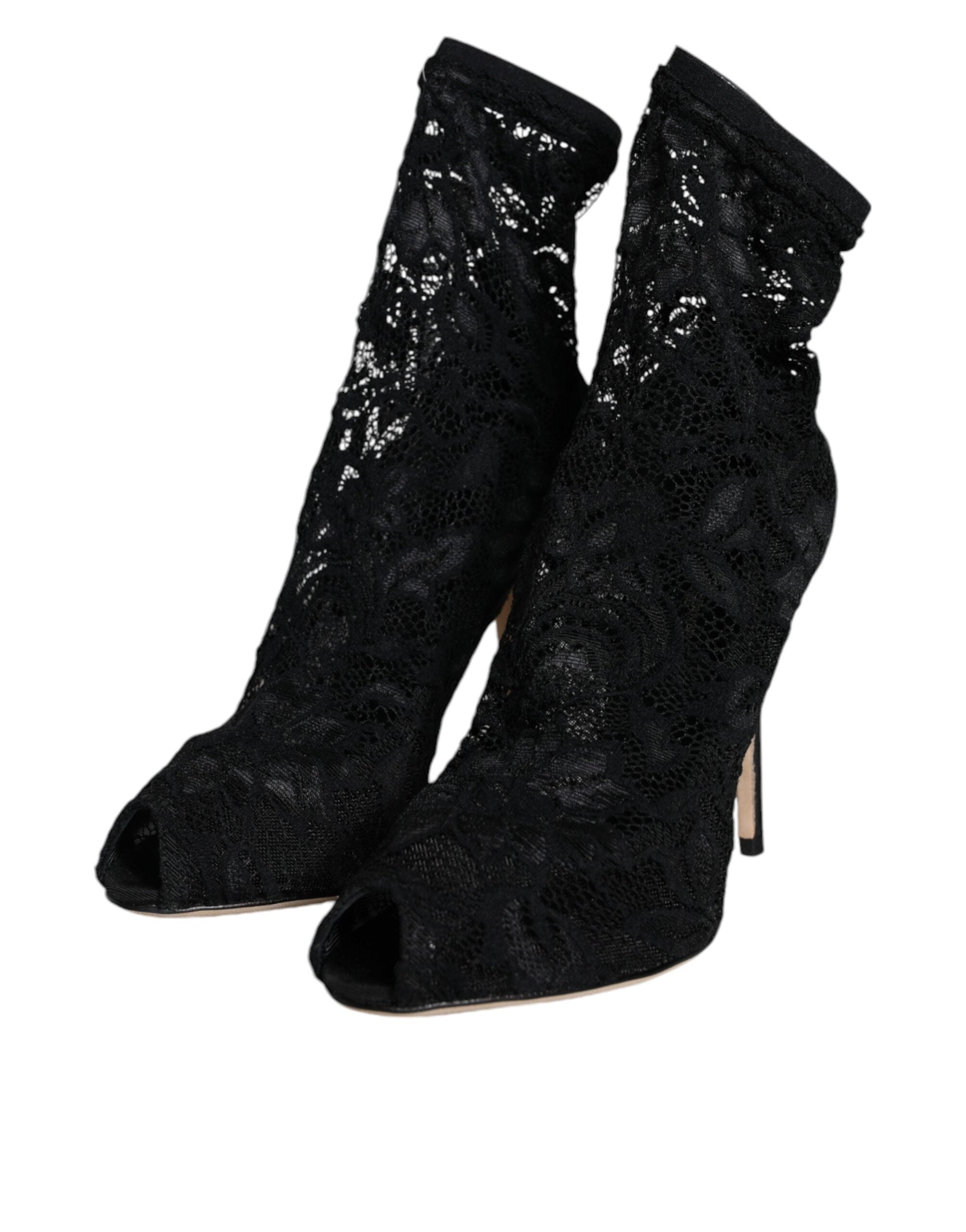 Dolce & Gabbana Black Lace Stretch Heels Mid Calf Boots Shoes-3