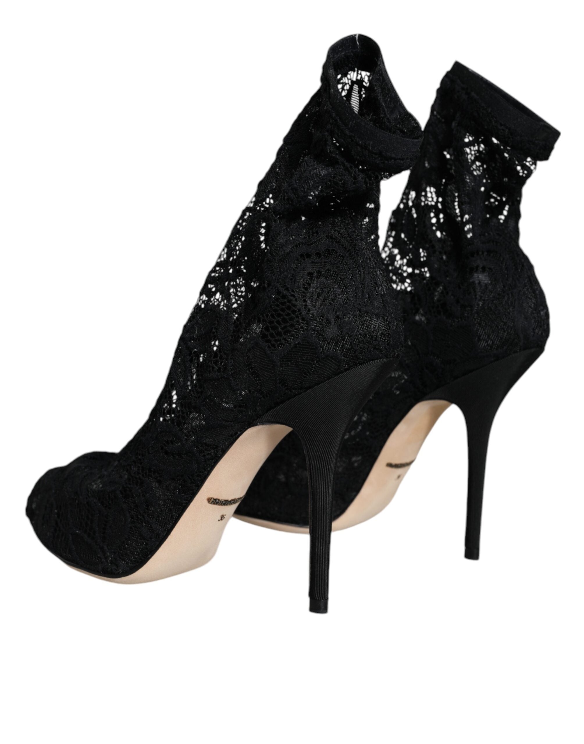 Dolce & Gabbana Black Lace Stretch Heels Mid Calf Boots Shoes-4