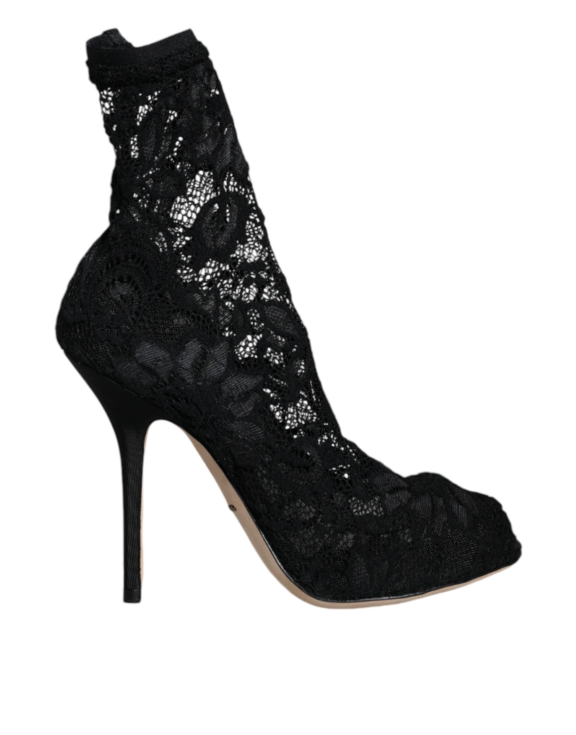 Dolce & Gabbana Black Lace Stretch Heels Mid Calf Boots Shoes-1