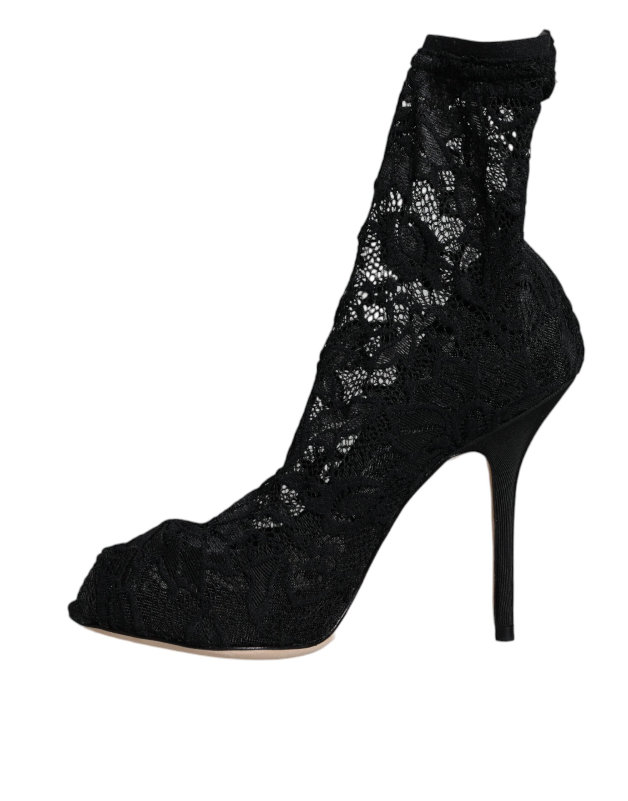 Dolce & Gabbana Black Lace Stretch Heels Mid Calf Boots Shoes-8