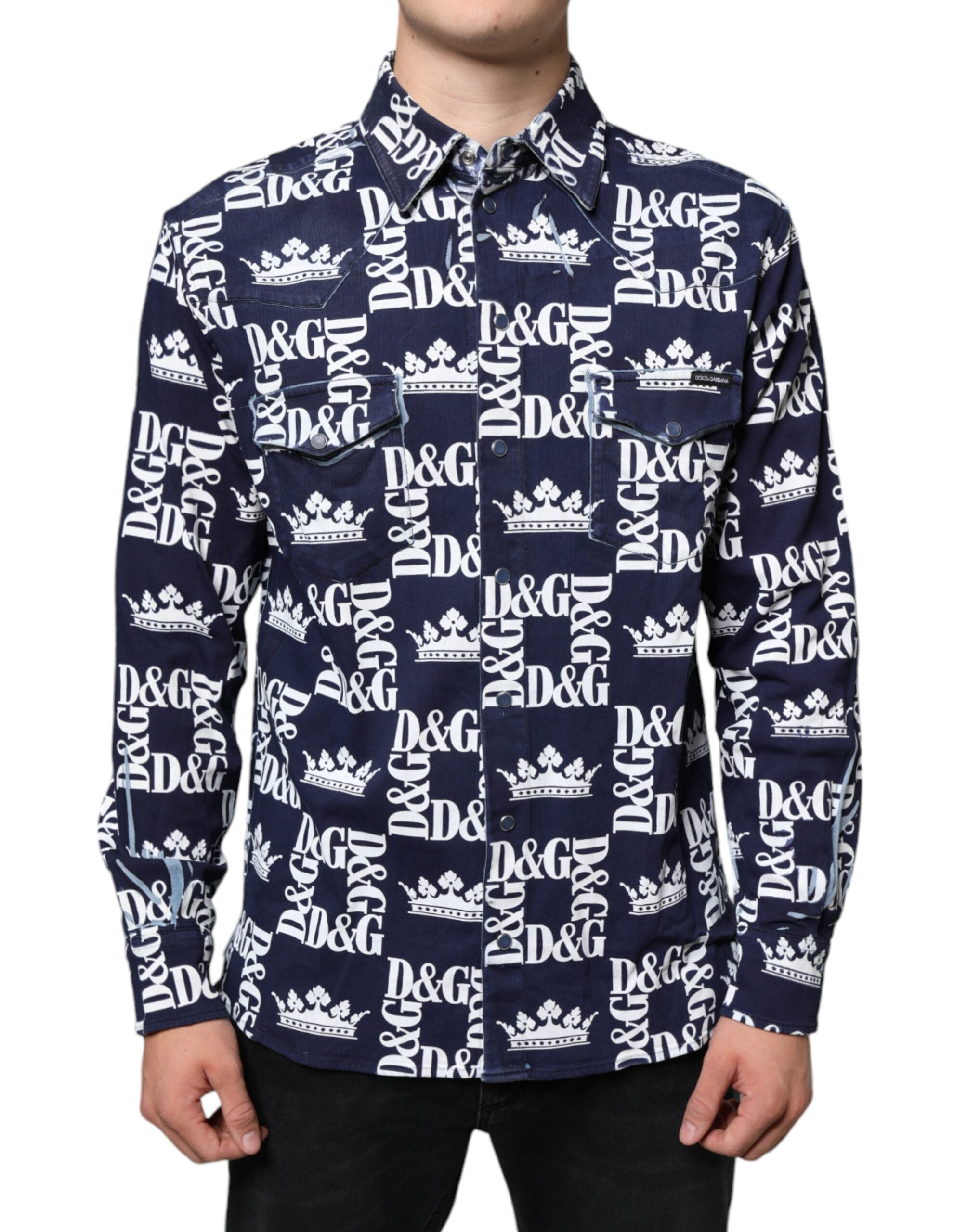 Dolce & Gabbana Blaue Krone Logo Print Slim Fit Baumwollhemd-2