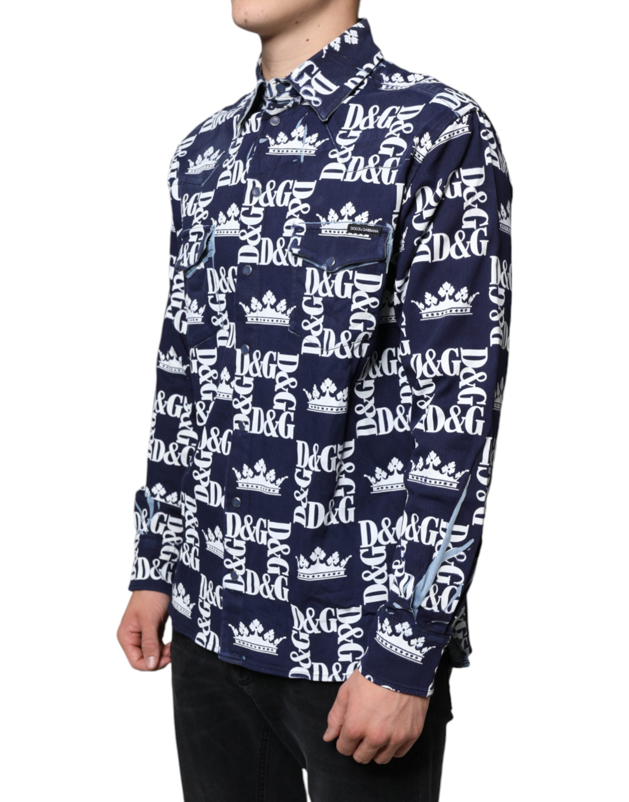 Dolce & Gabbana Blaue Krone Logo Print Slim Fit Baumwollhemd-3
