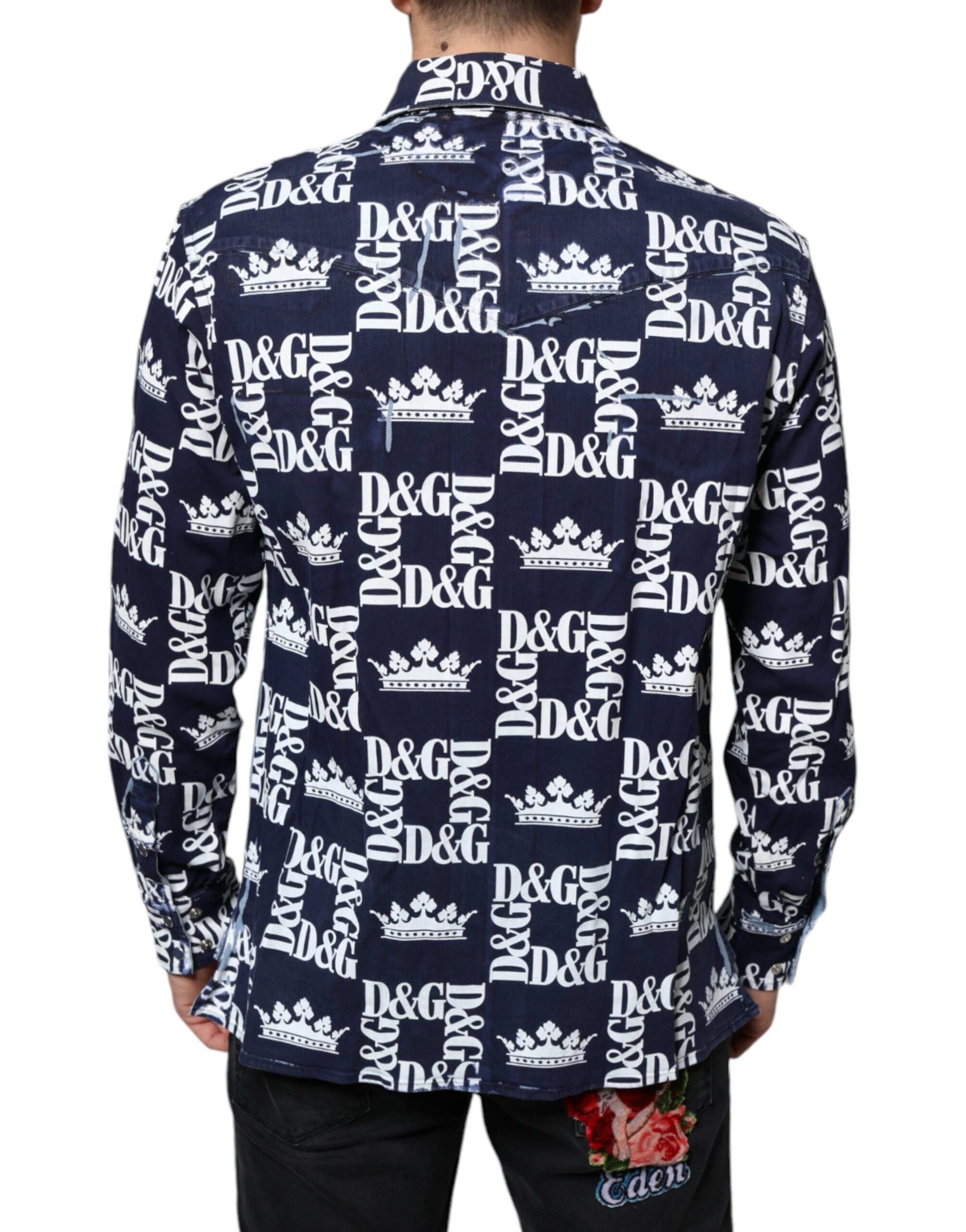 Dolce & Gabbana Blaue Krone Logo Print Slim Fit Baumwollhemd-4