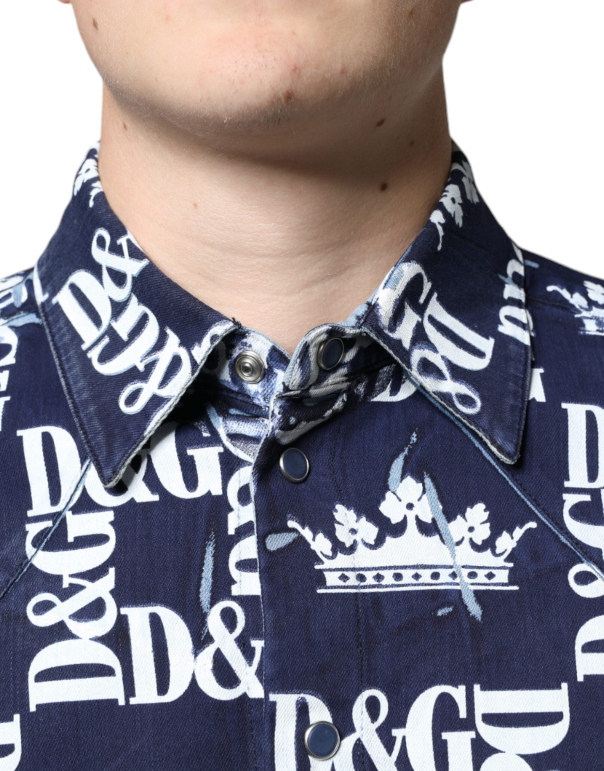 Dolce & Gabbana Blaue Krone Logo Print Slim Fit Baumwollhemd-5