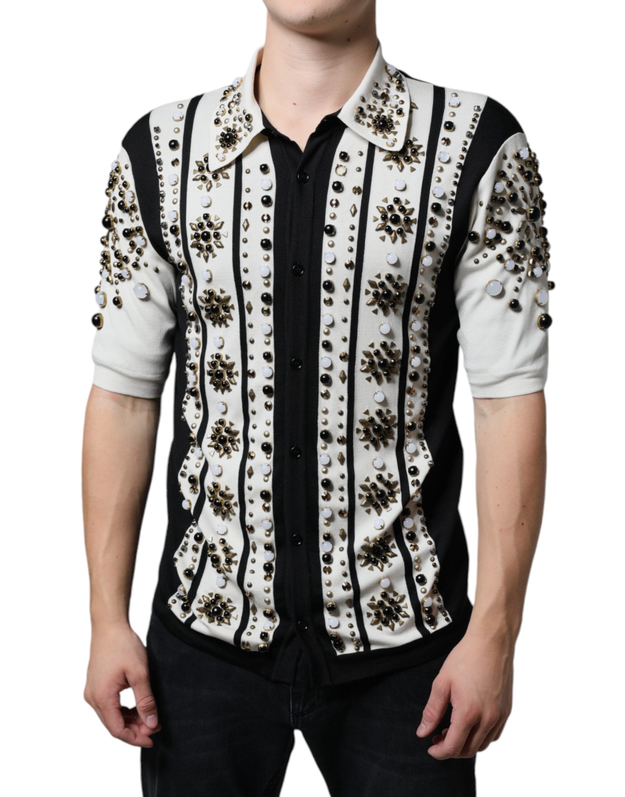 Camisa de seda blanca y negra con tachuelas y cristales de piedra de Dolce & Gabbana-2