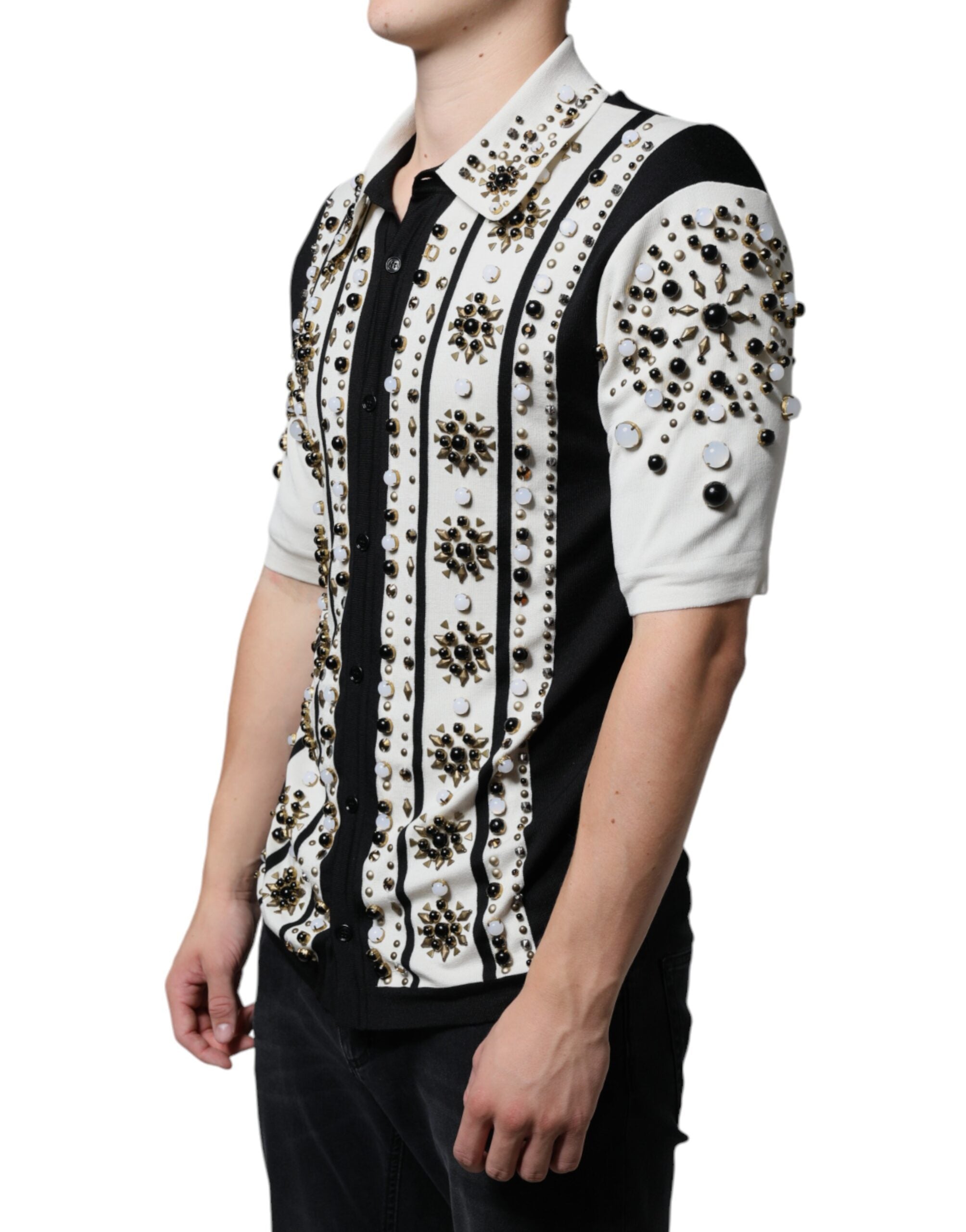Camisa de seda blanca y negra con tachuelas y cristales de piedra de Dolce & Gabbana-3