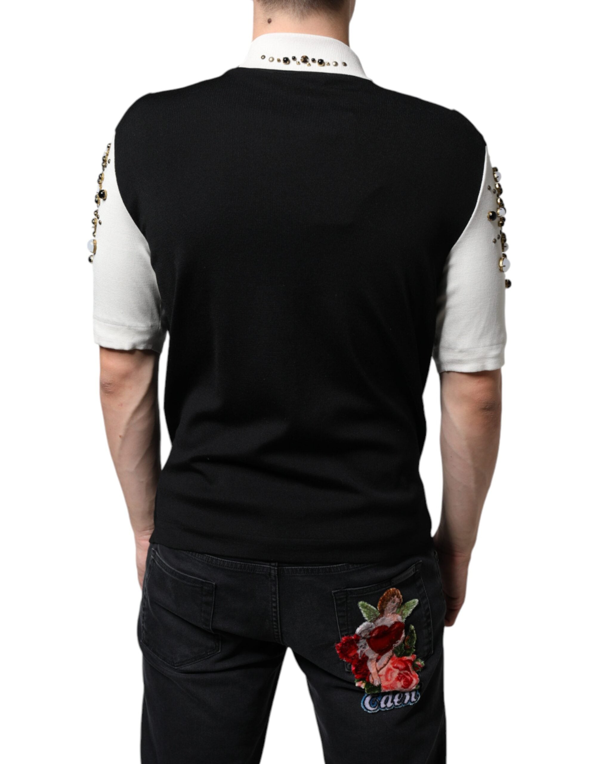 Camisa de seda blanca y negra con tachuelas y cristales de piedra de Dolce & Gabbana-4