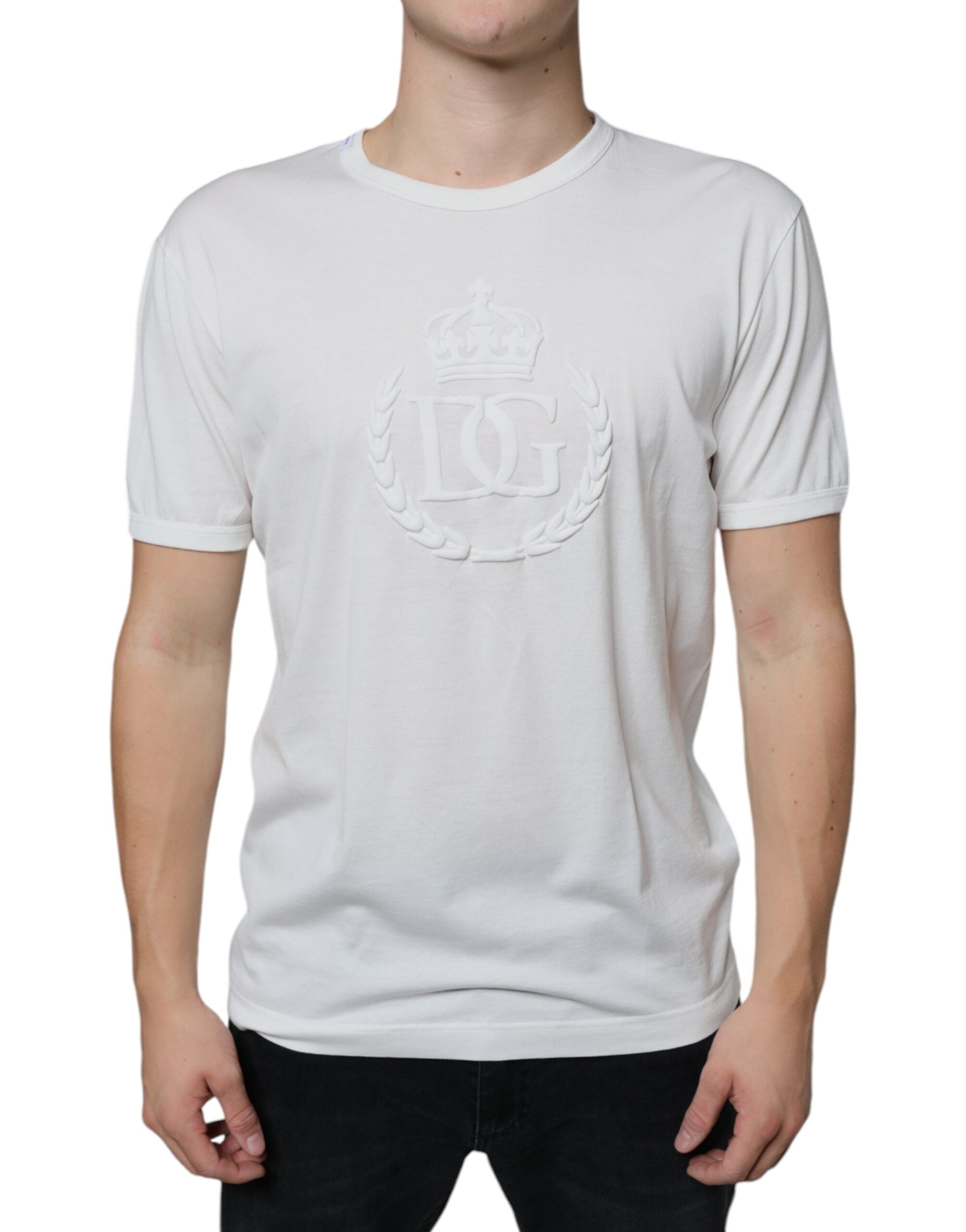Dolce & Gabbana White Cotton T-Shirt with Logo Embosser and Round Neck-2