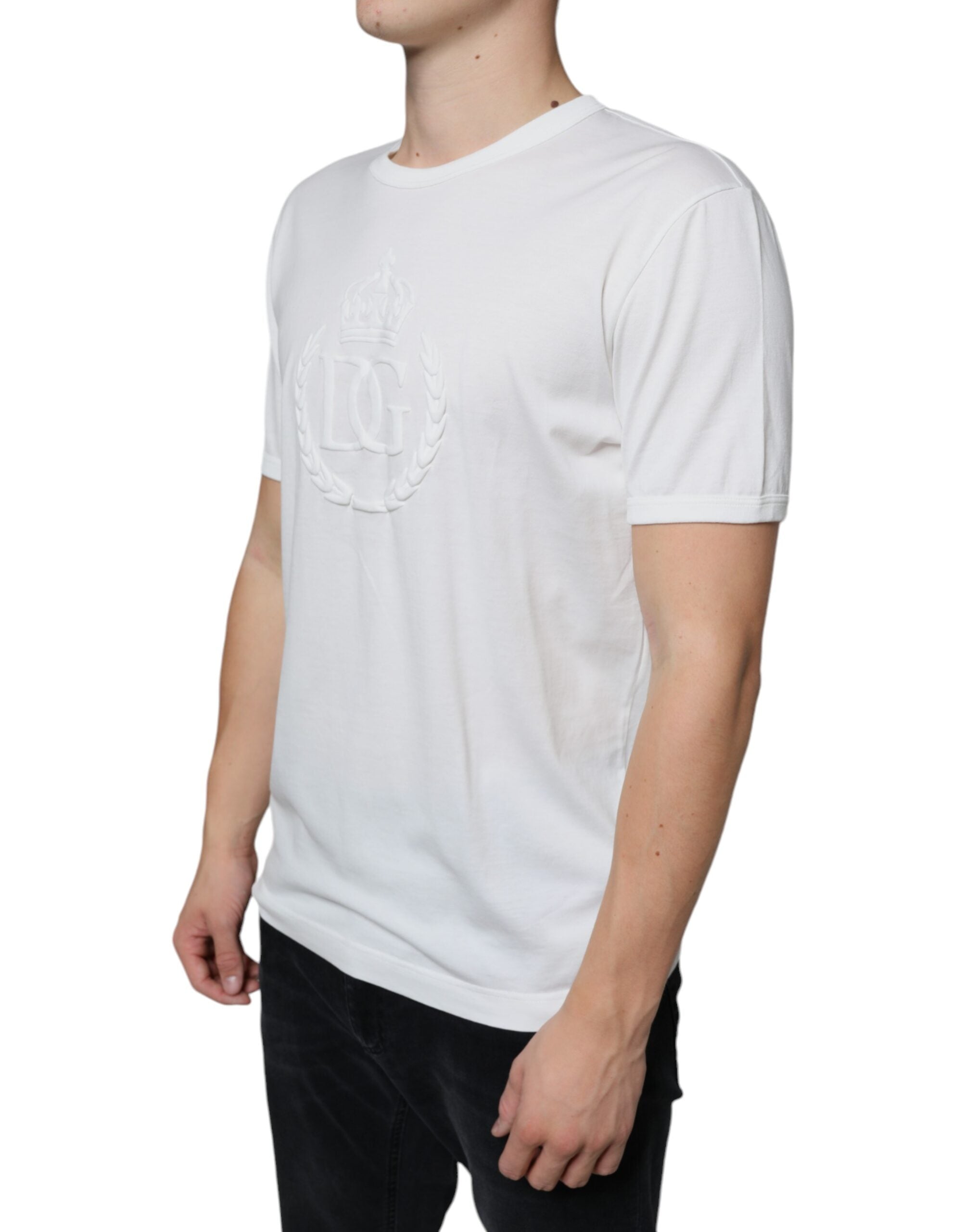 Dolce & Gabbana White Cotton T-Shirt with Logo Embosser and Round Neck-3