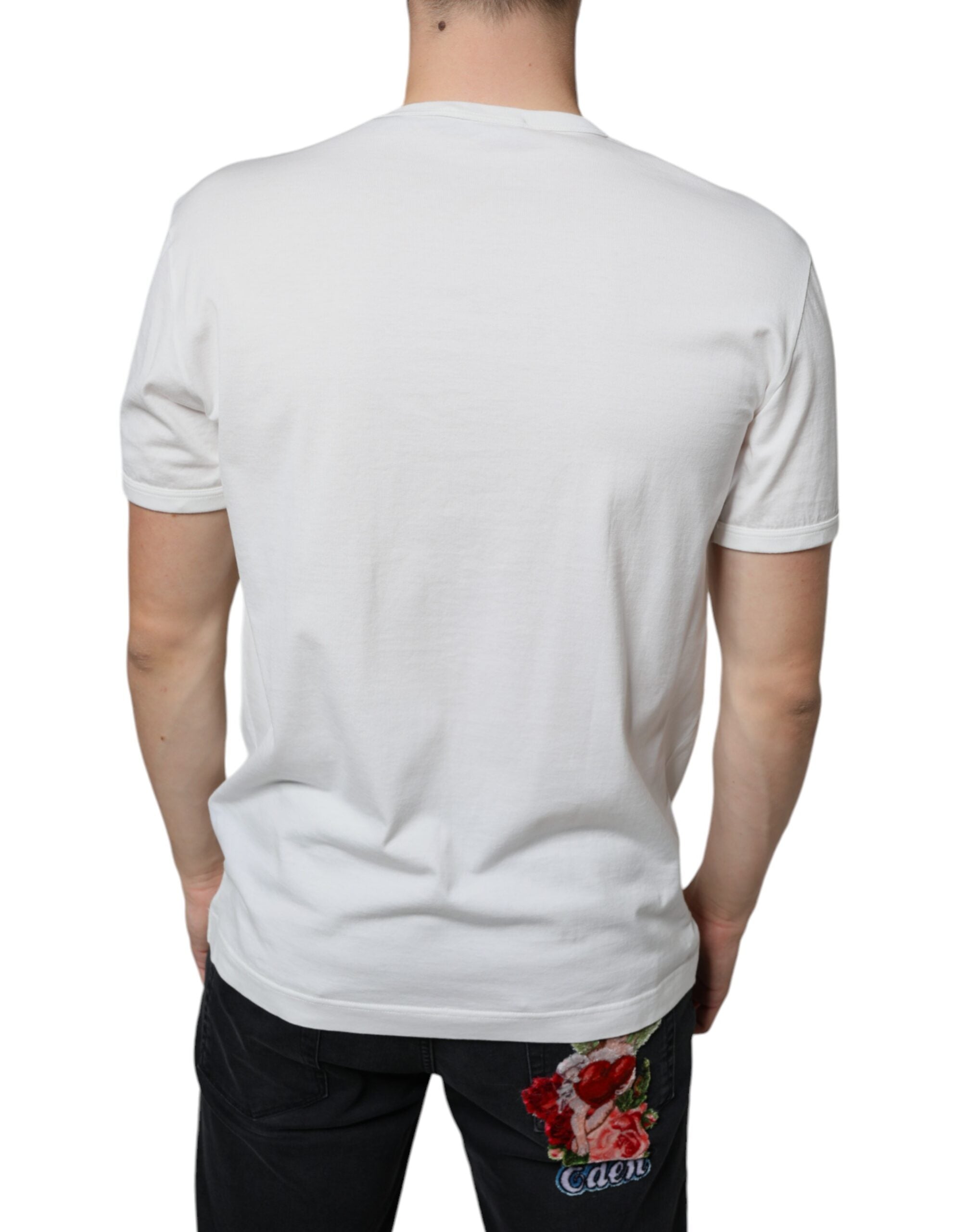 Dolce & Gabbana White Cotton T-Shirt with Logo Embosser and Round Neck-4