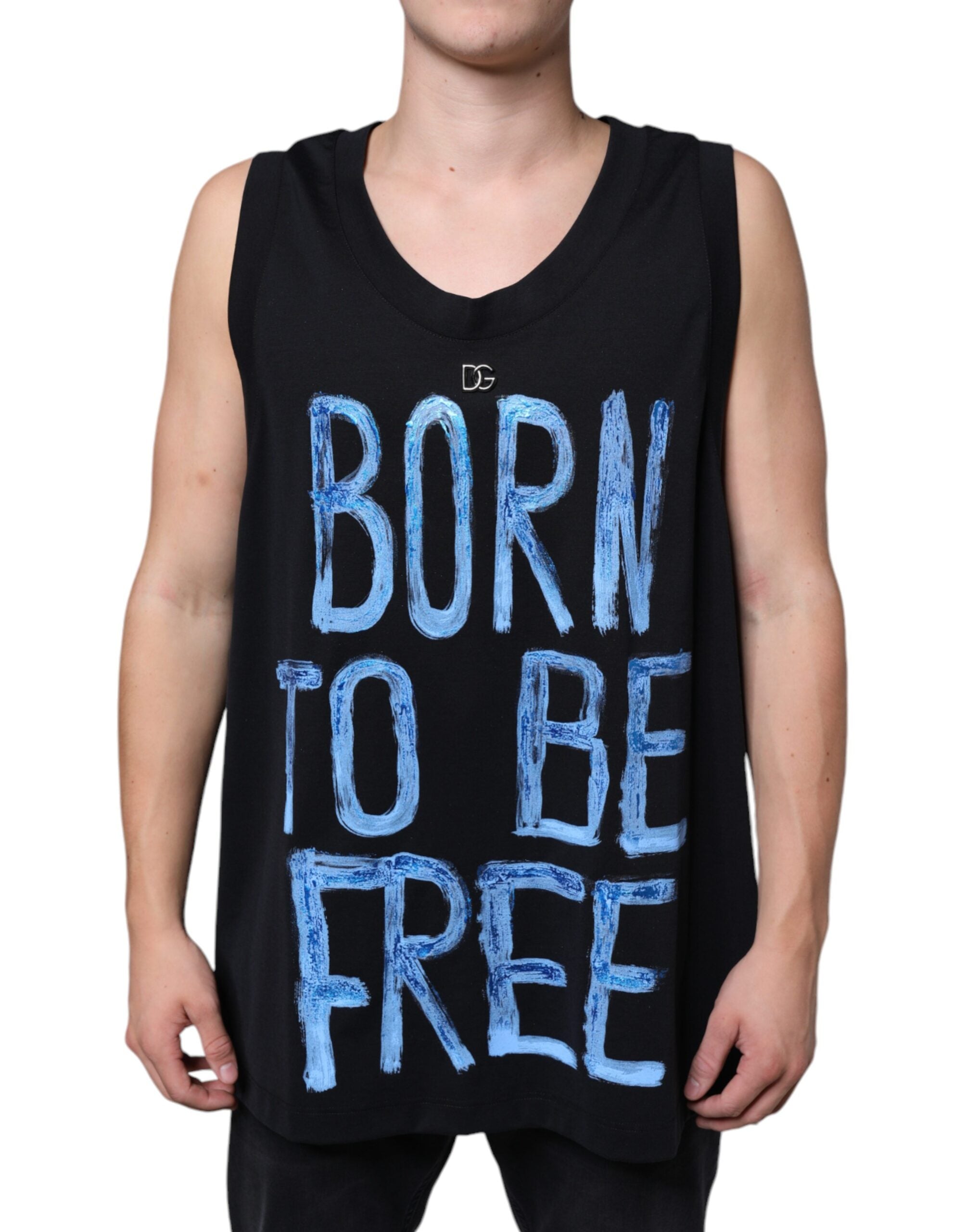 Dolce & Gabbana Black Cotton Sleeveless T-Shirt "Born To Be Free"-2