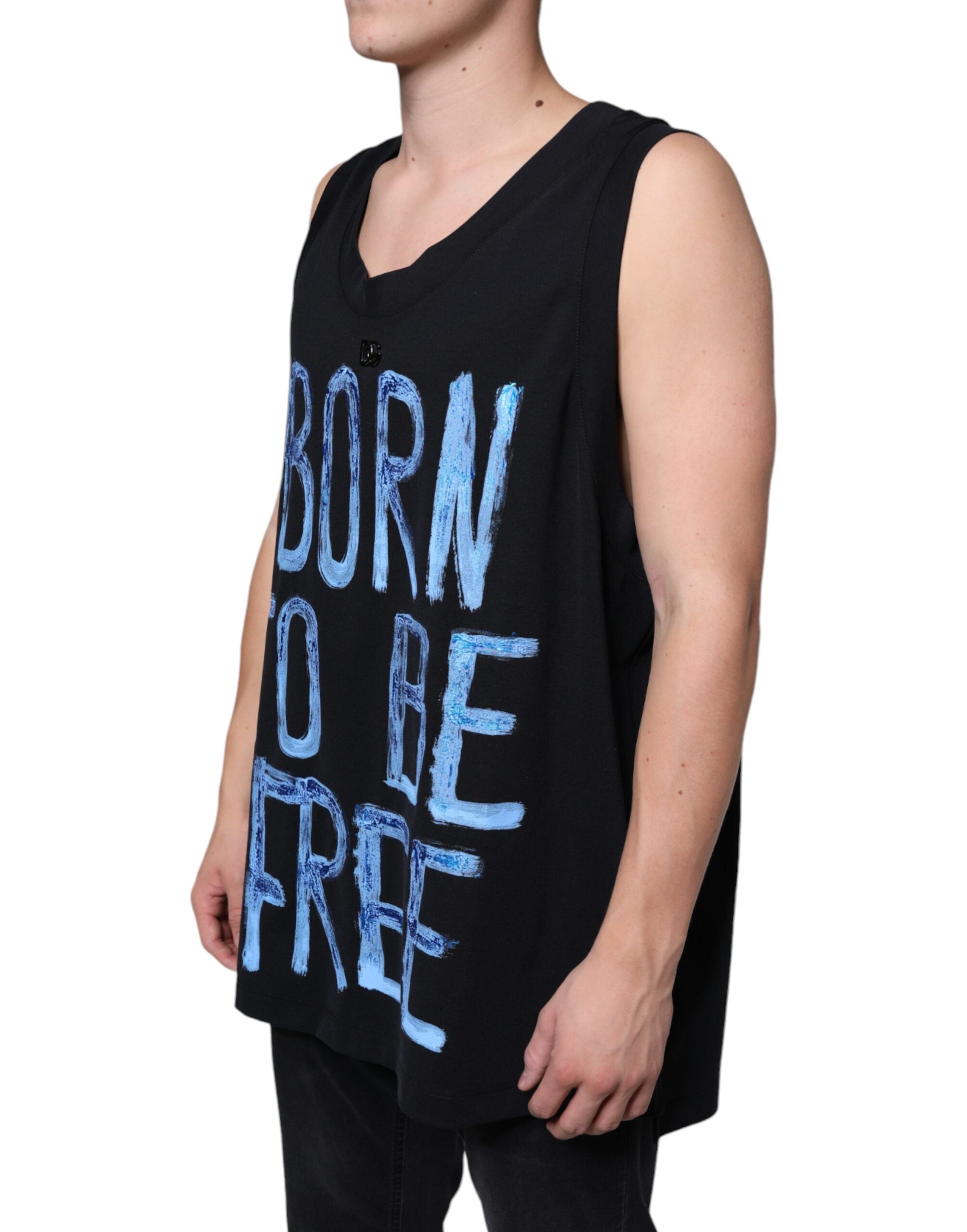 Dolce & Gabbana Black Cotton Sleeveless T-Shirt "Born To Be Free"-3