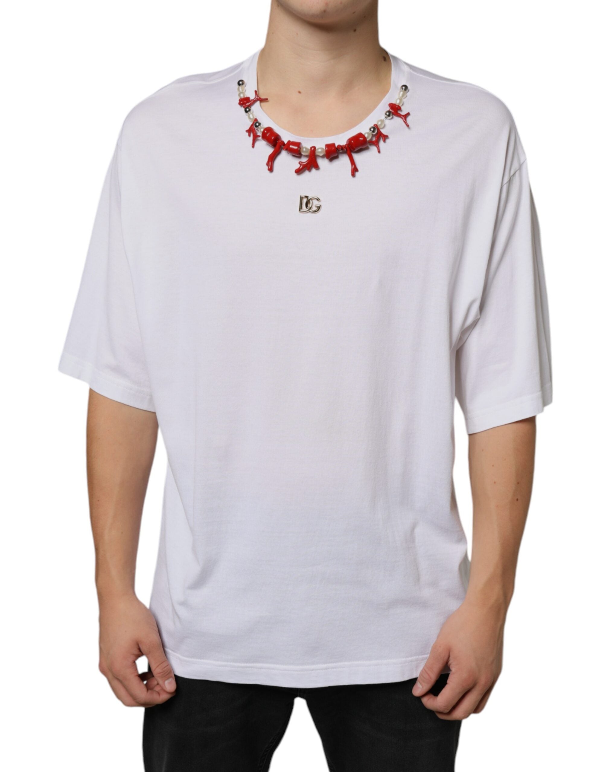 Dolce & Gabbana white T-shirt with cotton chain and embellishments-2