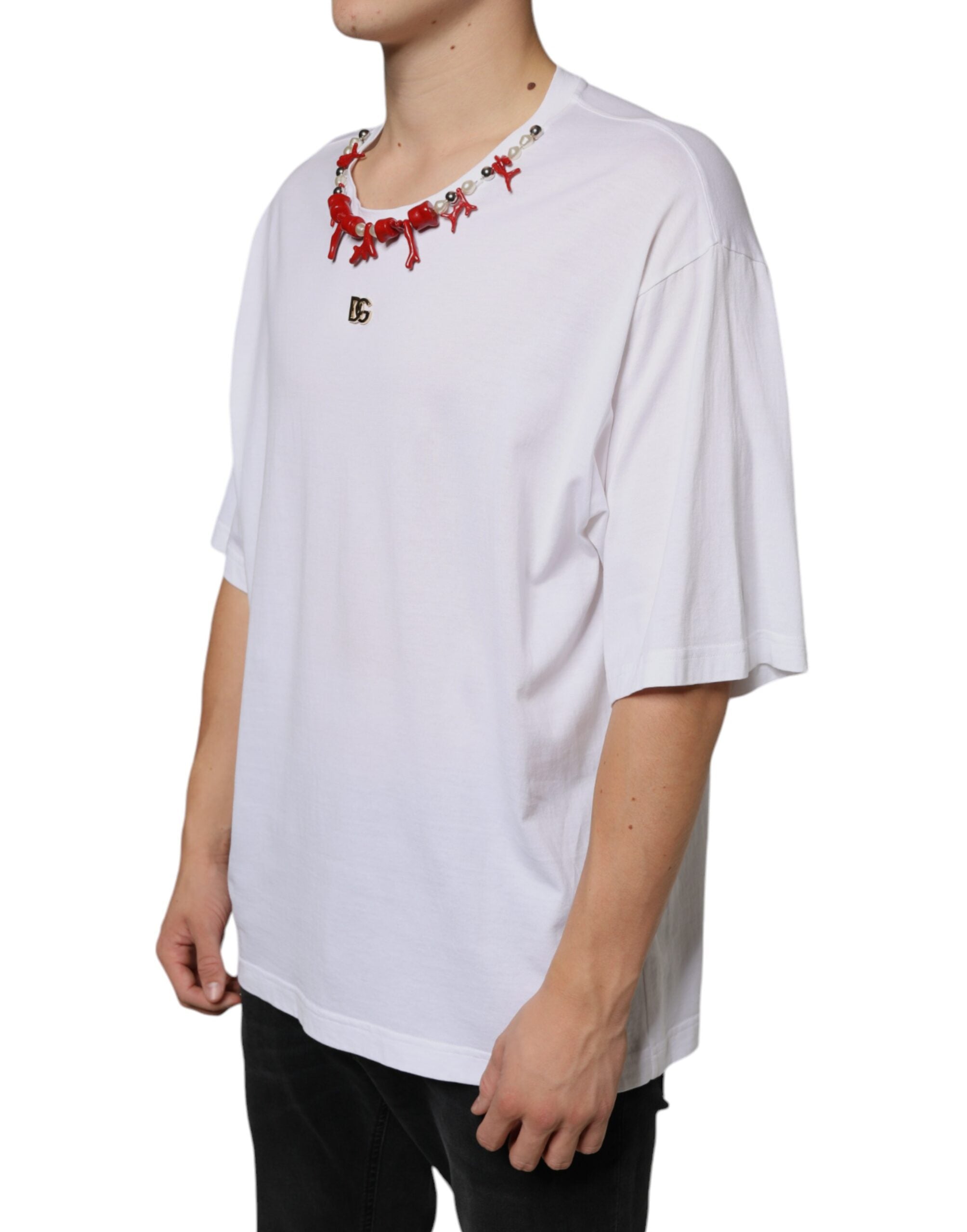 Dolce & Gabbana white T-shirt with cotton chain and embellishments-3