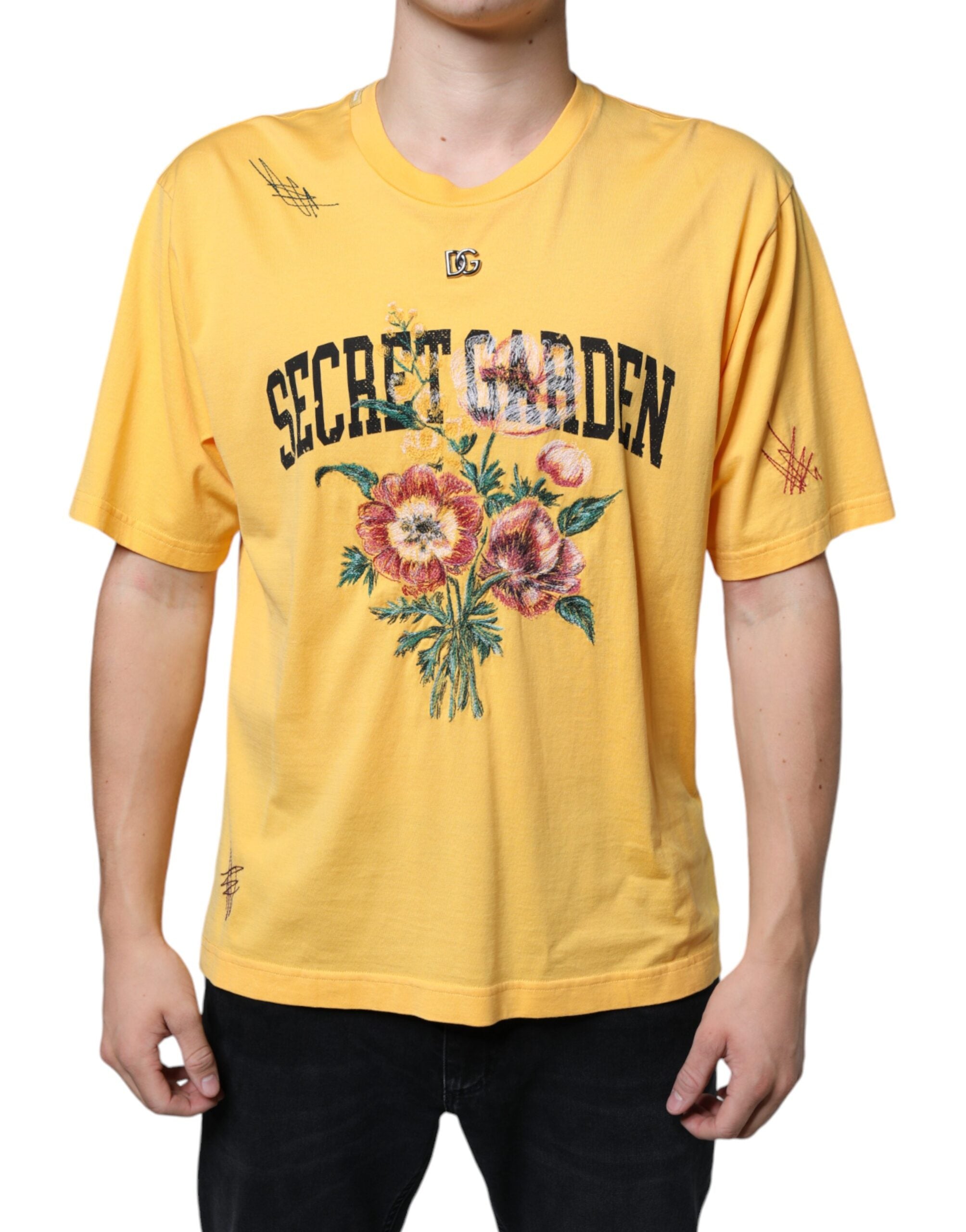 Dolce & Gabbana Yellow Secret Garden Floral Cotton T-Shirt with Round Neck-2
