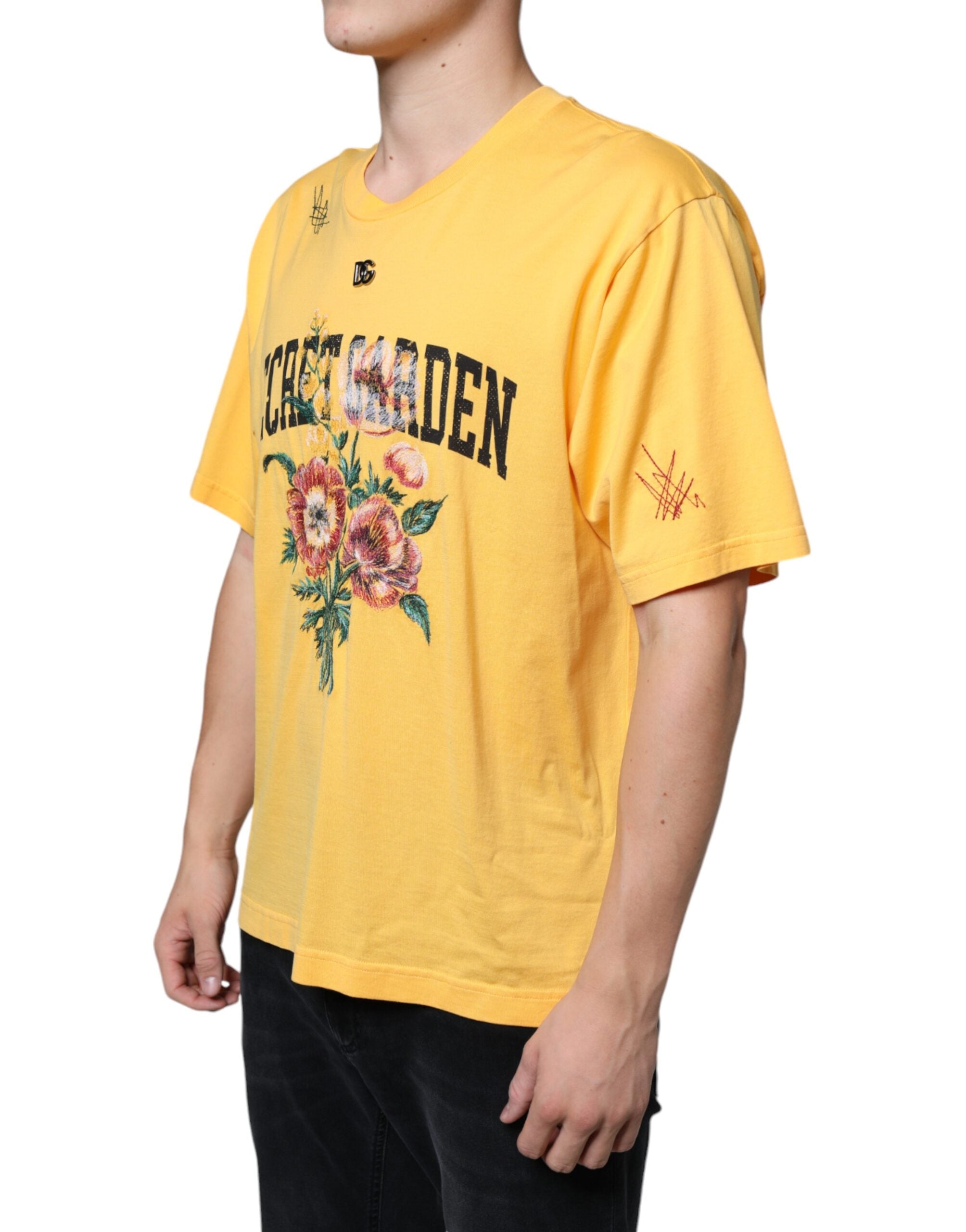 Dolce & Gabbana Yellow Secret Garden Floral Cotton T-Shirt with Round Neck-3