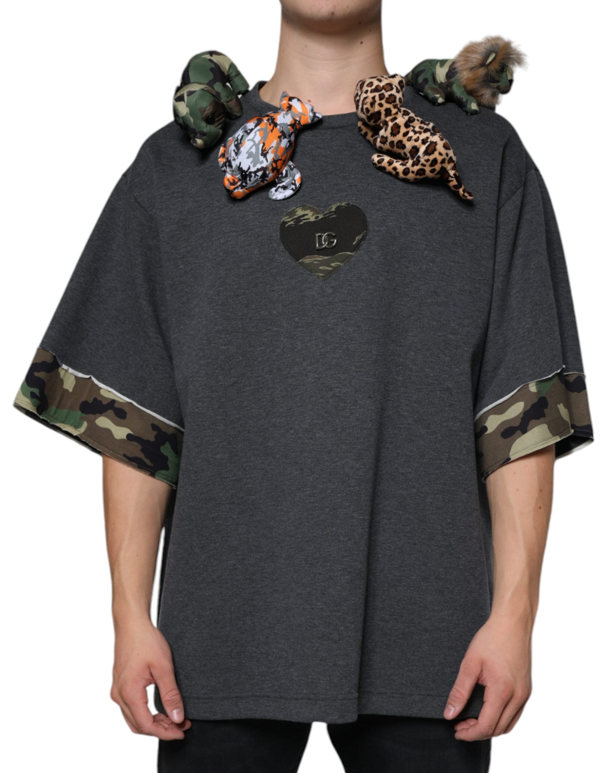 Dolce & Gabbana Grey Camouflage Animal Stuff Cotton T-Shirt
