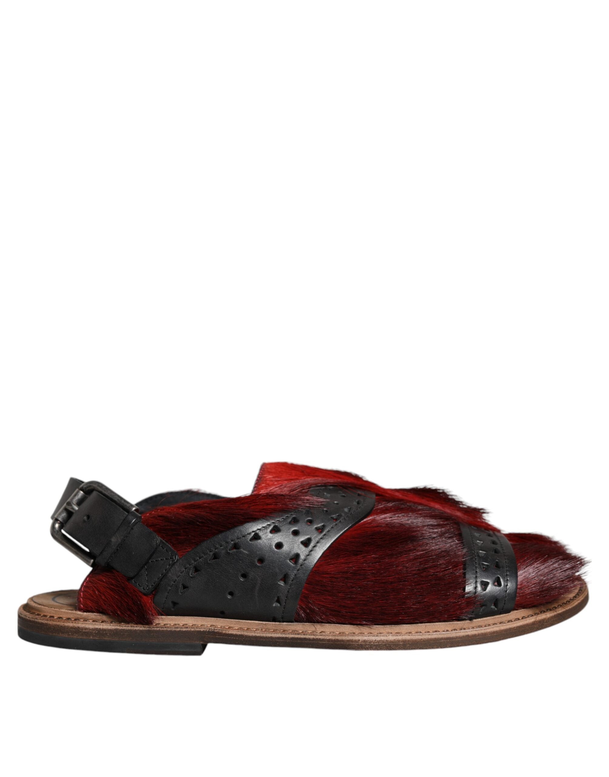 Dolce & Gabbana Schwarz Rot Gazelle Haar Leder Sandalen Schuhe-1