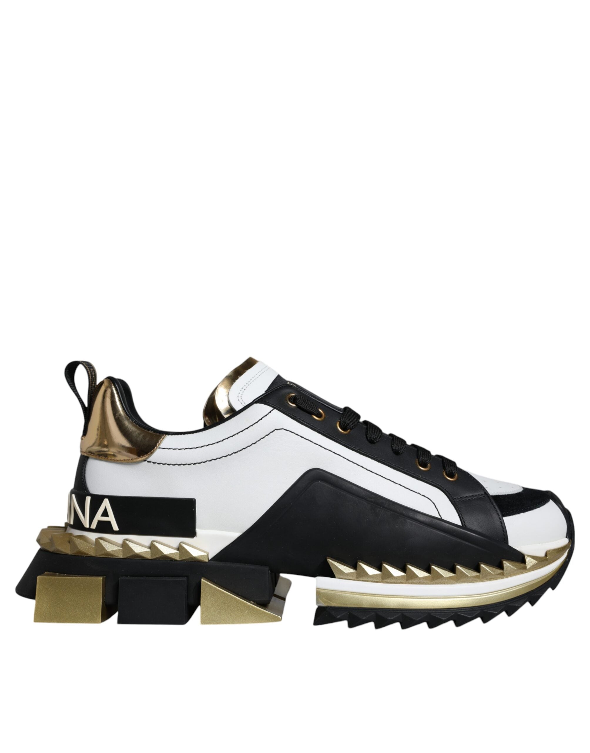 Dolce & Gabbana White Gold Black Leather SUPER KING Sneakers Shoes-1
