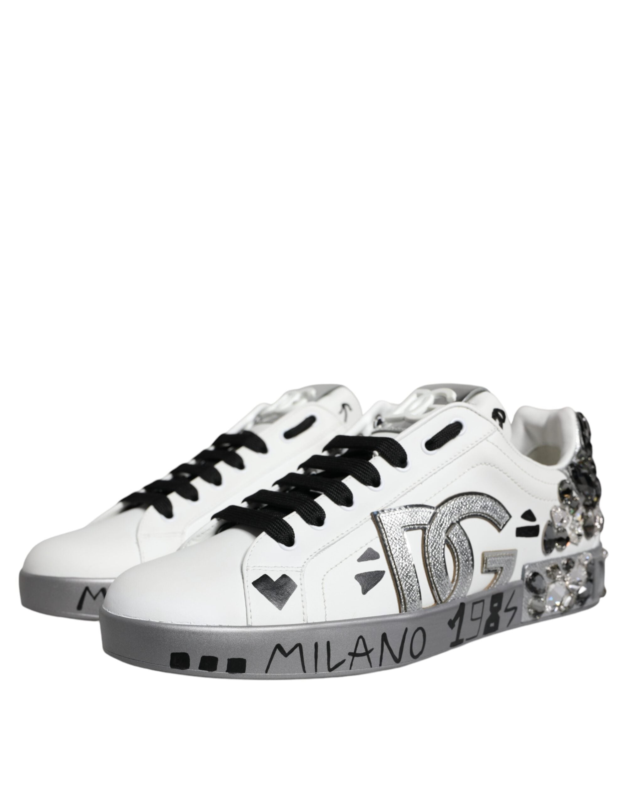 Dolce & Gabbana Weiß Silber Kristall Logo Portofino Turnschuhe Schuhe-2