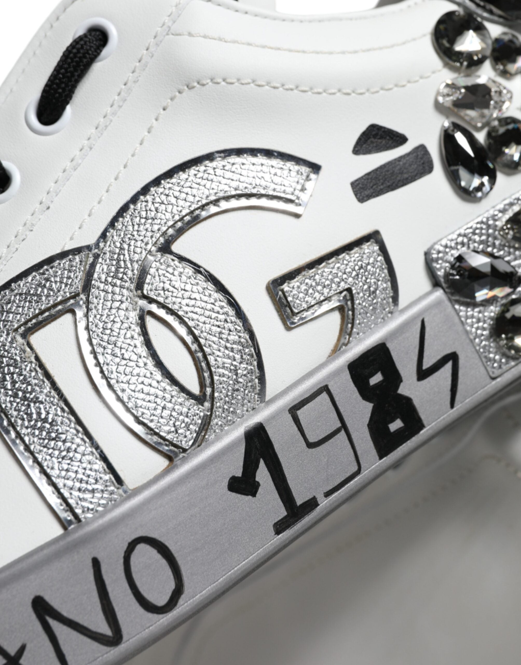 Dolce & Gabbana Weiß Silber Kristall Logo Portofino Turnschuhe Schuhe-5