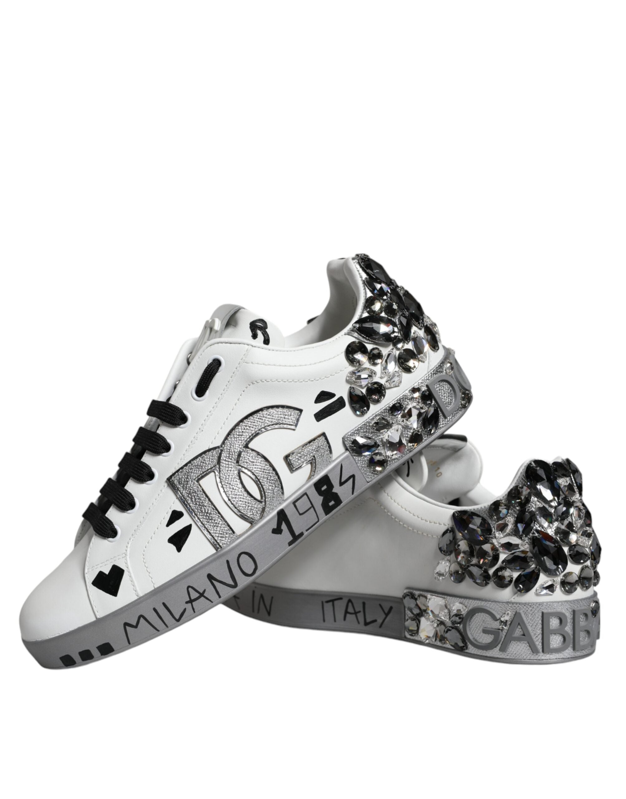 Dolce & Gabbana Weiß Silber Kristall Logo Portofino Turnschuhe Schuhe-6