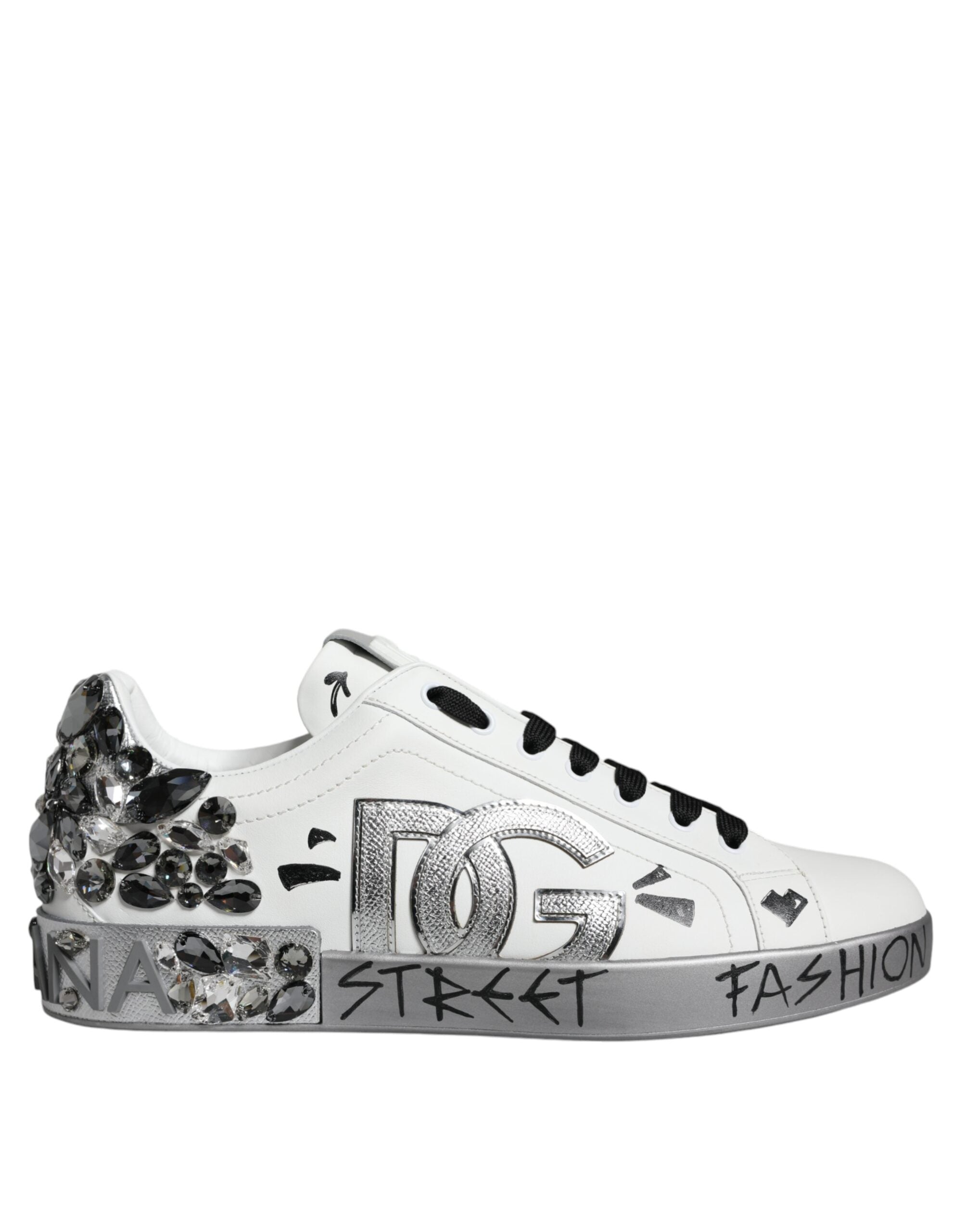 Dolce & Gabbana Weiß Silber Kristall Logo Portofino Turnschuhe Schuhe-8