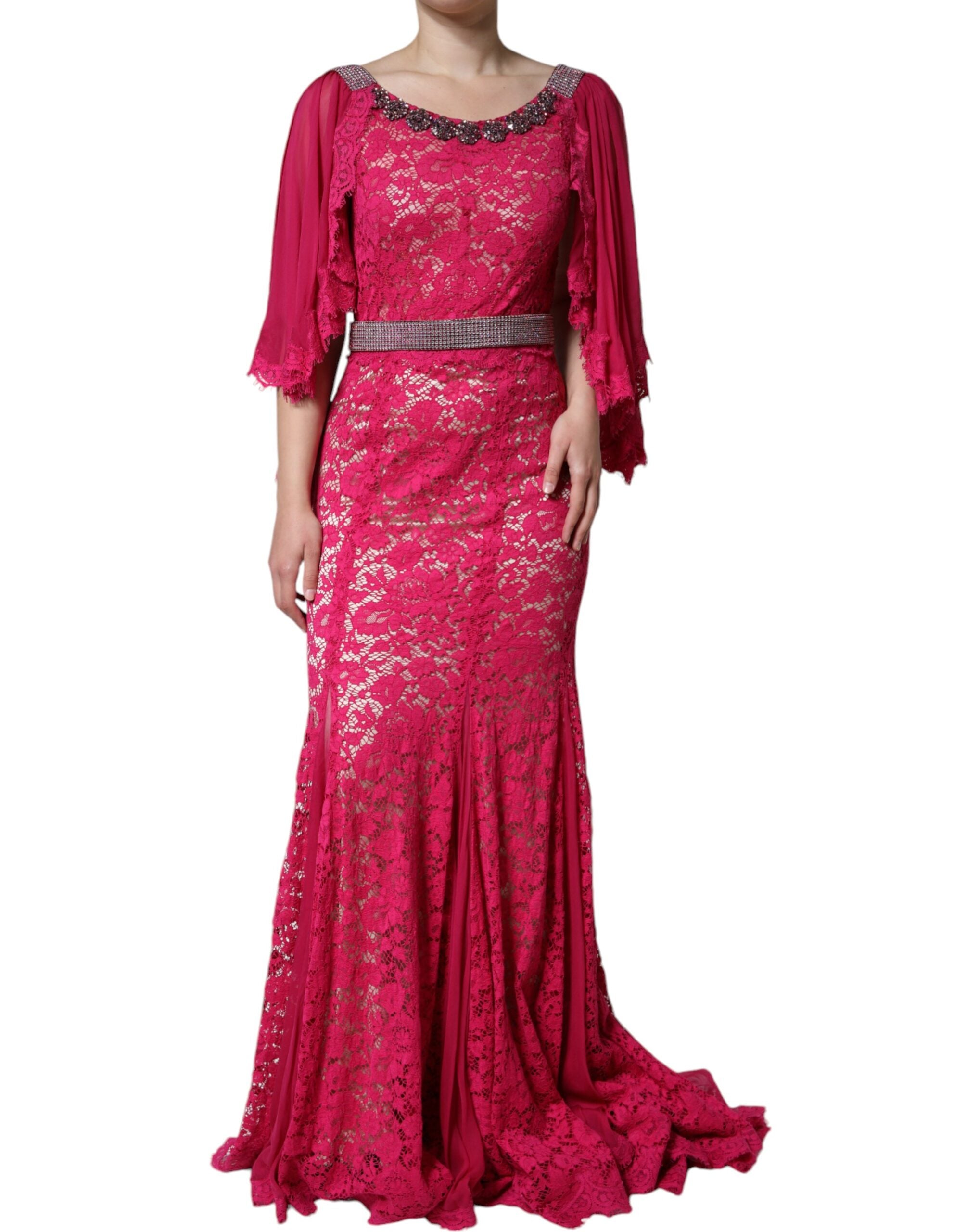 Dolce & Gabbana Pink Lace Crystal Sheath Dress Long Dress-2