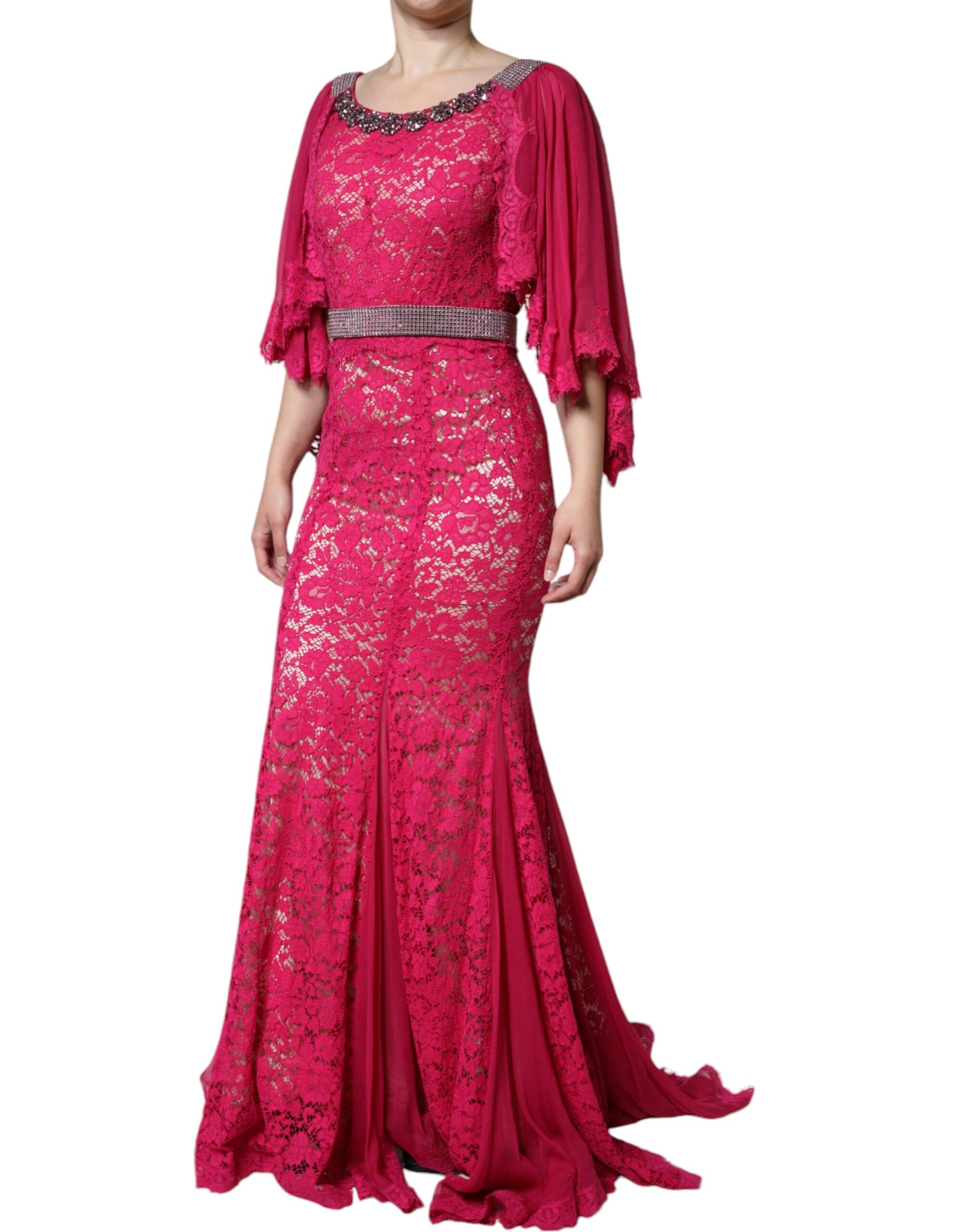 Dolce & Gabbana Pink Lace Crystal Sheath Dress Long Dress-3