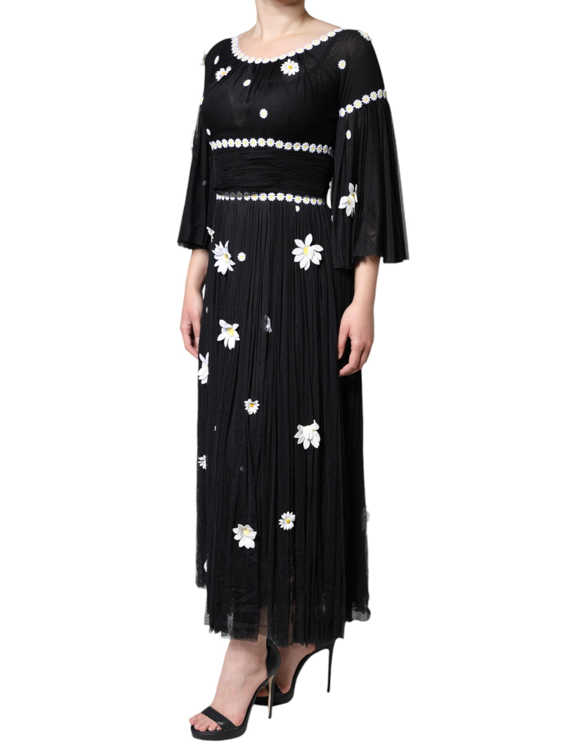Vestido largo de seda negra con margaritas y corte A de Dolce & Gabbana-3
