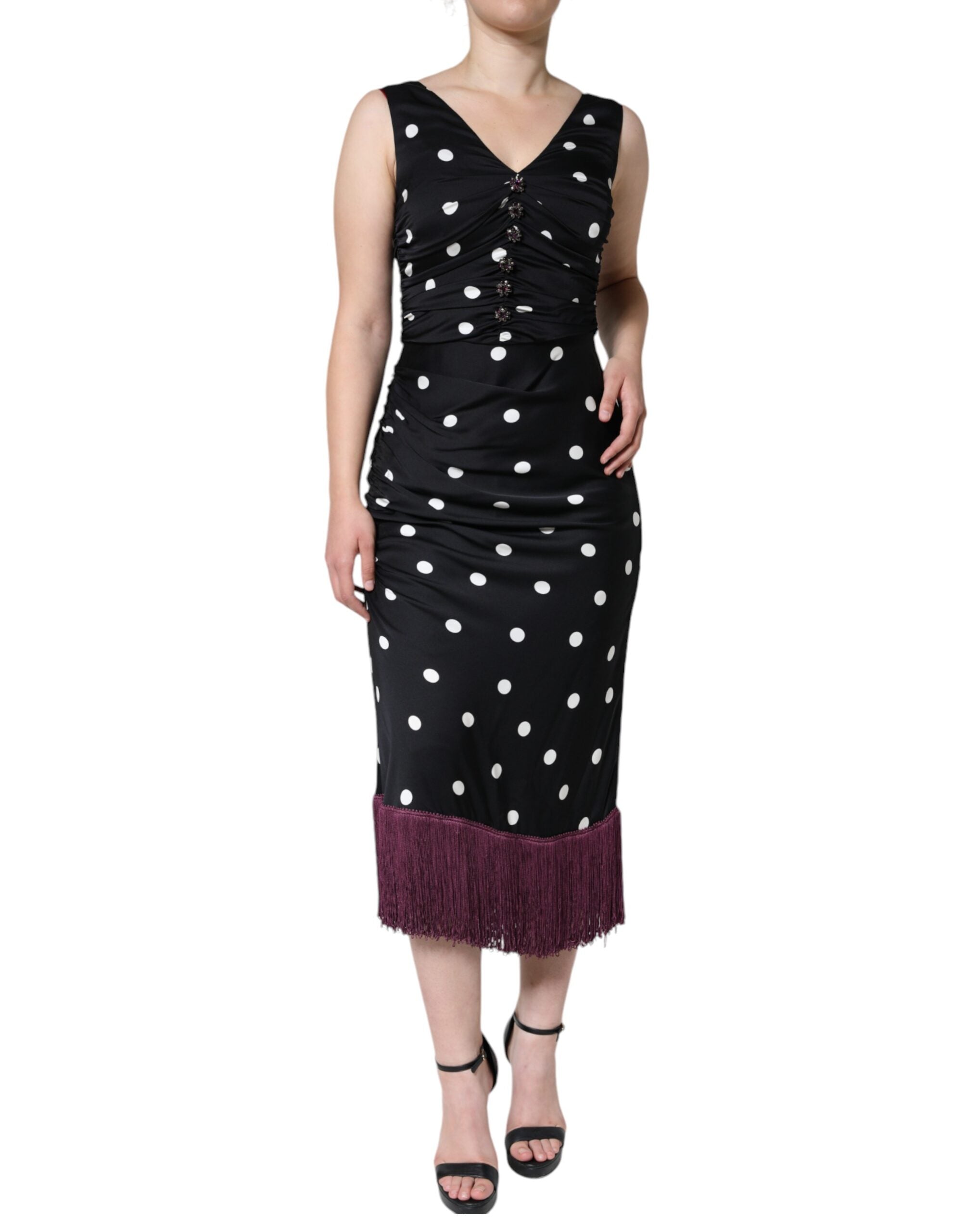 Dolce & Gabbana black polka dot silk midi dress with V-neck and tassels-1