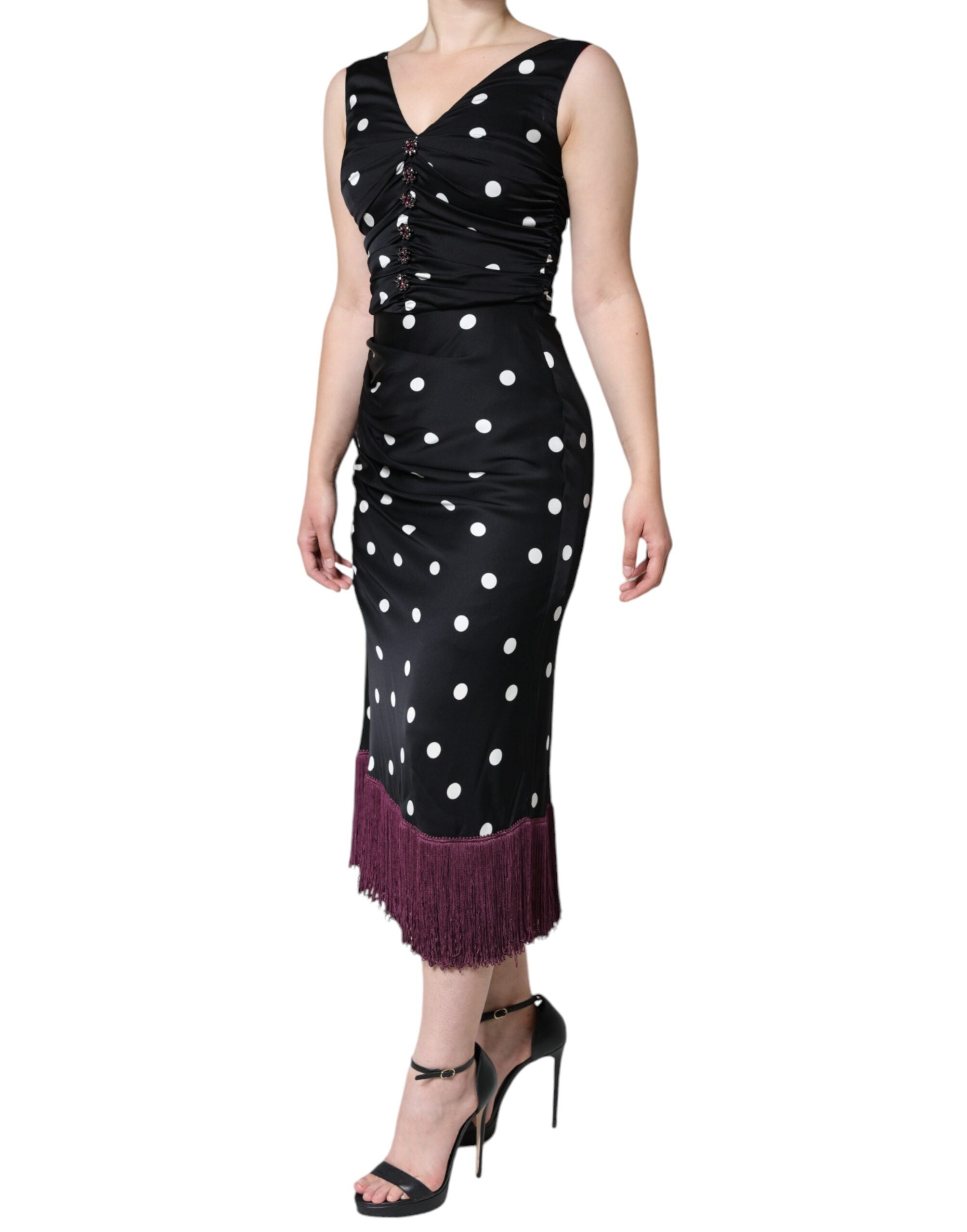 Dolce & Gabbana black polka dot silk midi dress with V-neck and tassels-3