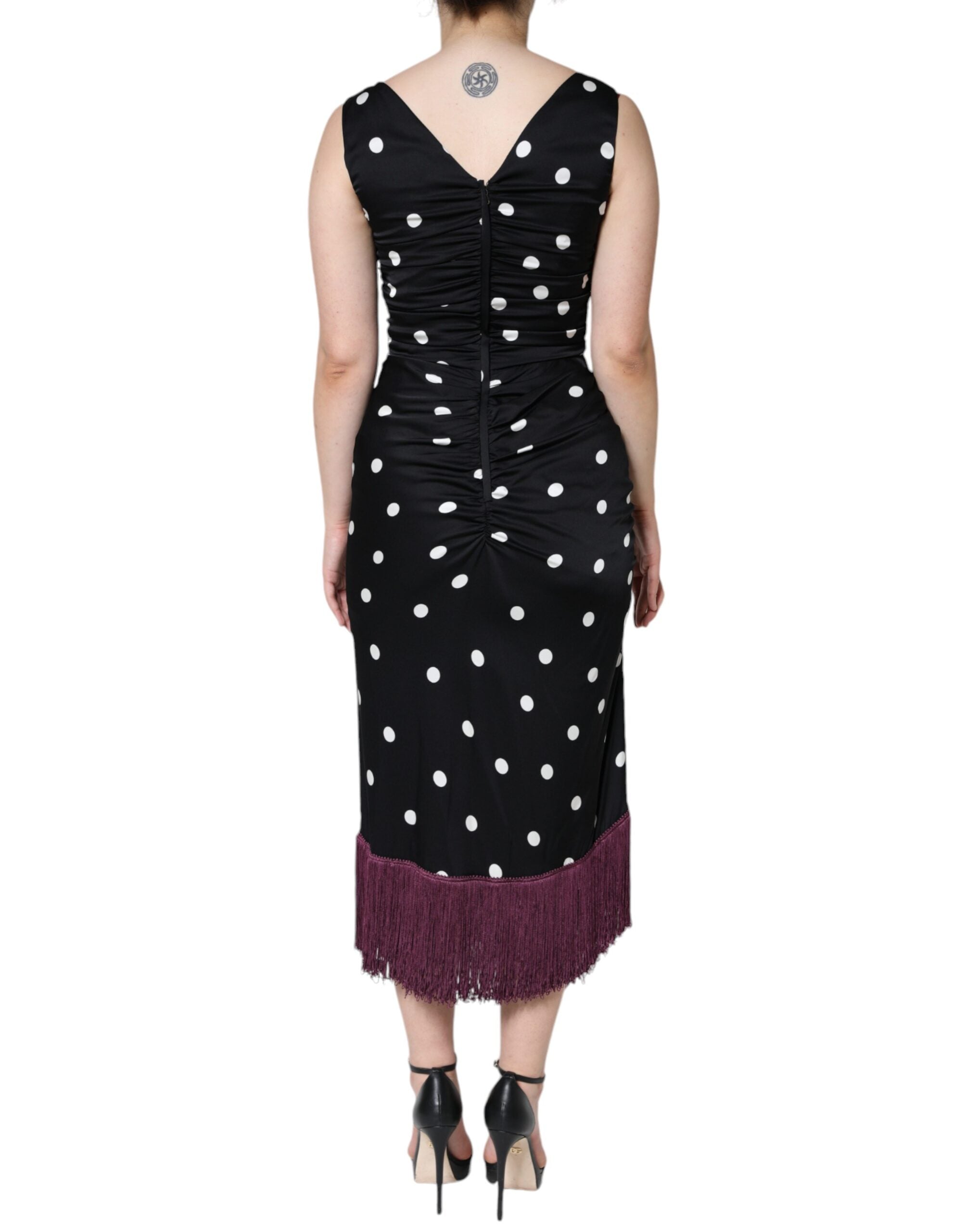 Dolce & Gabbana black polka dot silk midi dress with V-neck and tassels-4