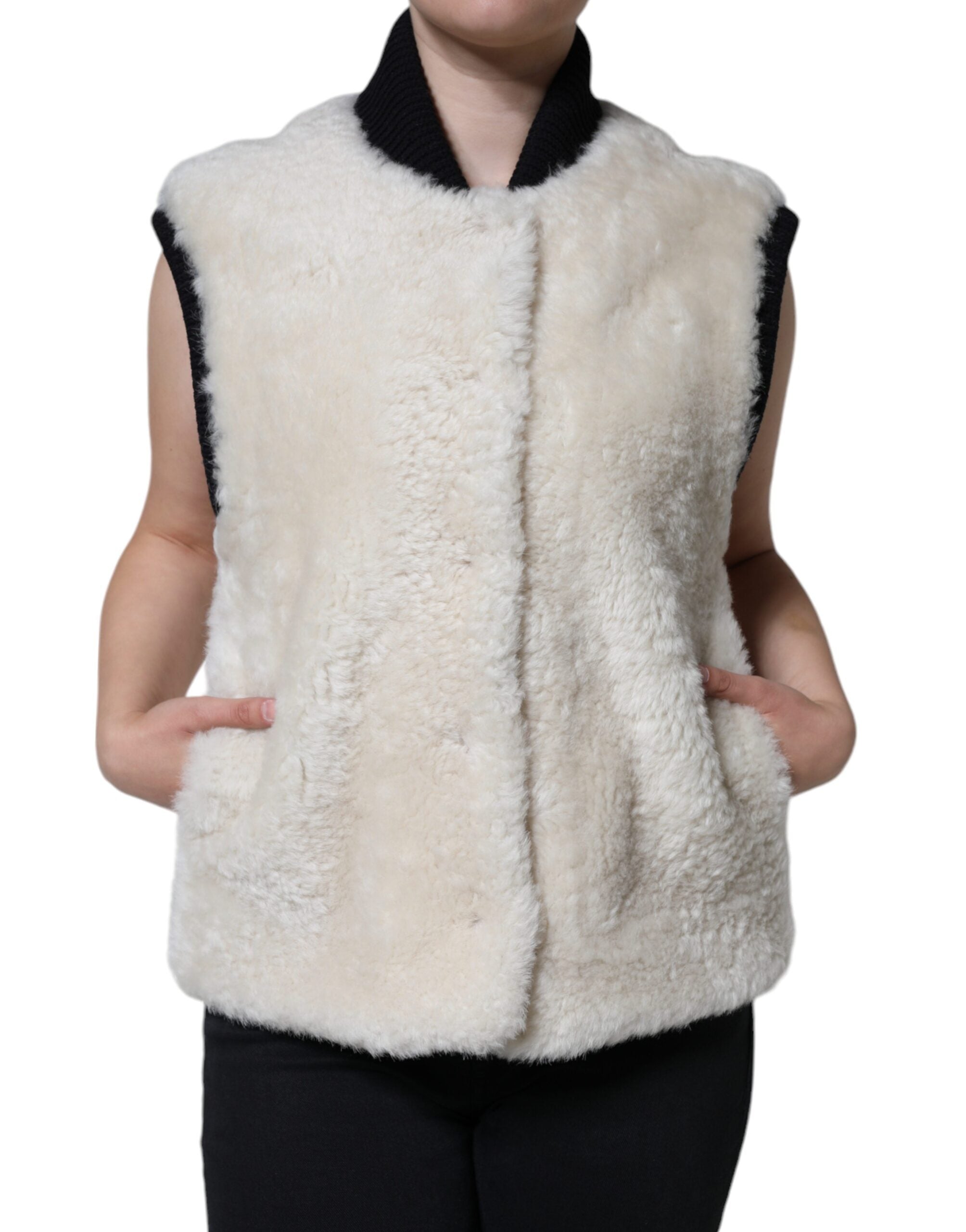 Burberry White WARRENFORD Shearling Leather Vest Coat Jacket-2