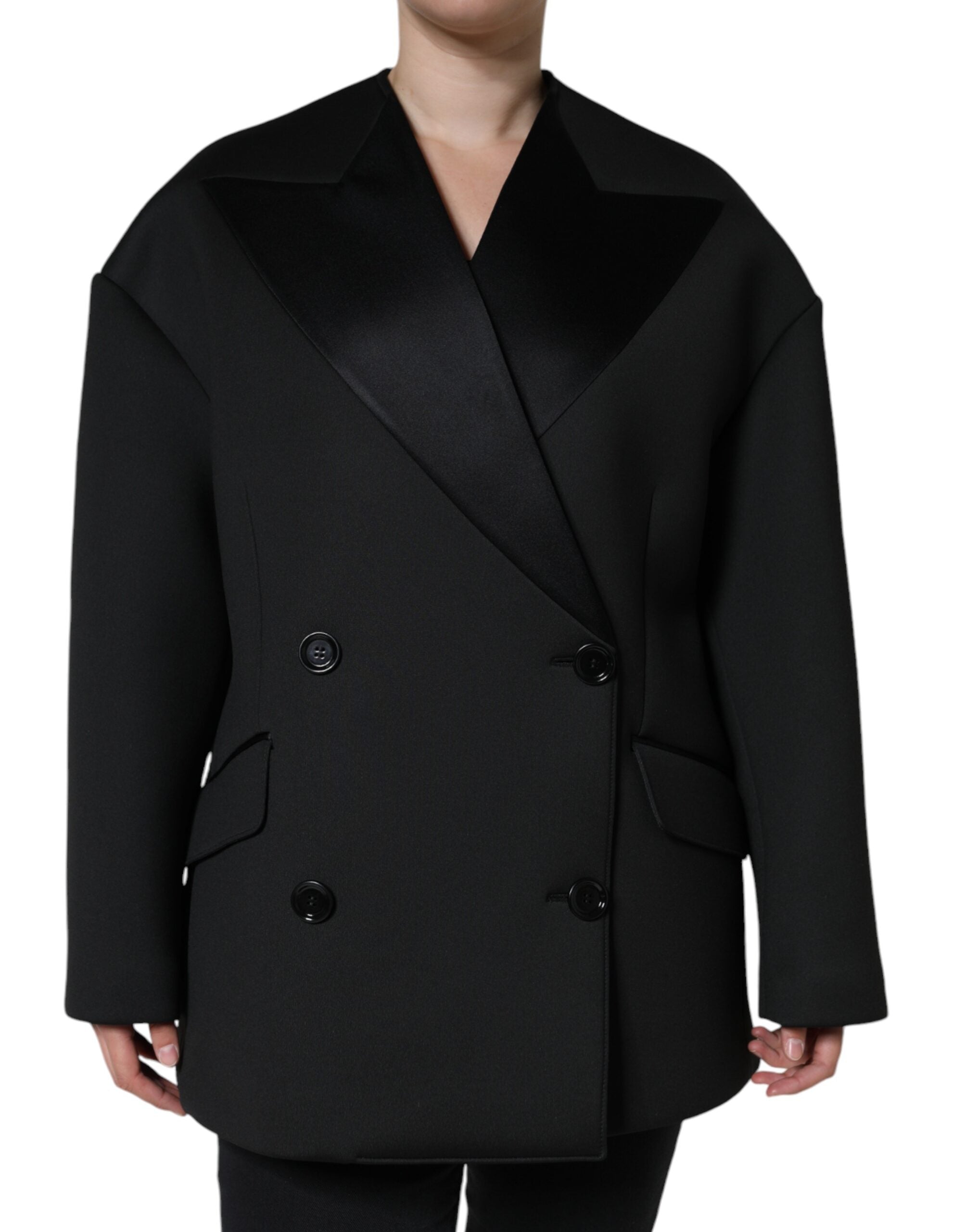 Dolce & Gabbana Black Polyester Double-Breasted Coat Jacket